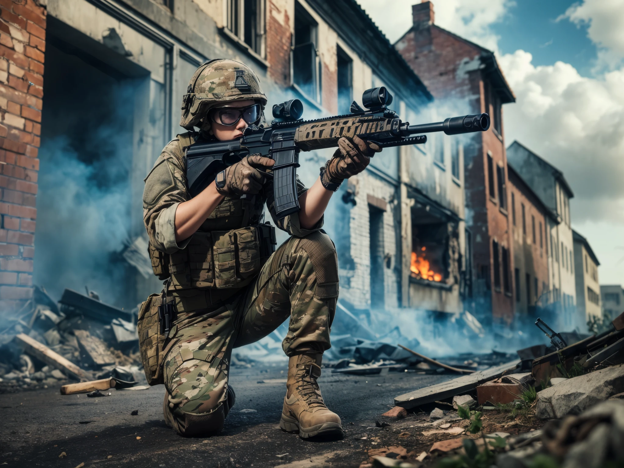 Masterpiece, a 22 years old beautiful German blonde military girl, slender slim body, blue-grey eyes, arafed soldier crouching down with a rifle in front of a building, soldier under heavy fire, military photography, a soldier aiming a gun, combat photography, realistic apocalyptic war scene, fps shooter game, rugged soldier, firing it into a building, squad fighting enemy, realistic soldiers, future soldier clothing, airsoft close quarter combat, fps game, urban warfare, 16K, ultra high res.photorealistic, UHD, RAW