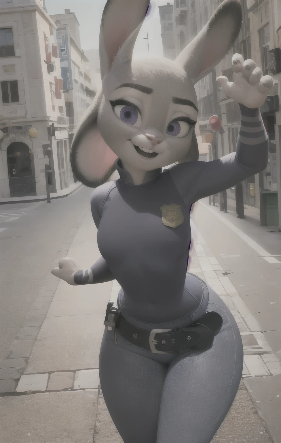 orejas hacia abajo, (Mejor calidad, Obra maestra:1), peluda hembra antro judyhopps, retrato, uniforme de policia, uniforme completo, cola de conejo, police belt, police badge, pantalones azules, sonrisa, ojos morados, pelaje del cuerpo, ojos medio cerrados, (fondo urbano detallado de la ciudad:1.1), estilo pixar 3d, cuerpo completo, (caderas anchas:1.5), muslos gruesoostrando elntrasero:1.6), (trasero enorme:1.6)