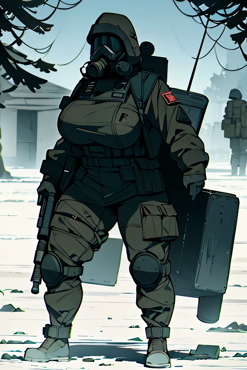 Russian soldier with gas mask and rifle in snowy area, military photography, invierno nuclear, soldier with a gas mask, equipo camuflado, soldado femenino en el bosque, Cazadora solo en el desierto,Female,Massive thights,Wide Hips,Person wearing gas mask, modern equipo militar, ropa del futuro soldado, equipo militar, ropa de soldado completa, resting after a hard mission, in a post apocalyptic setting,Wide Hips,Big Breast,HyperAss,Muscular,Abs,(gigantic :1.4),(Milf:1.4)