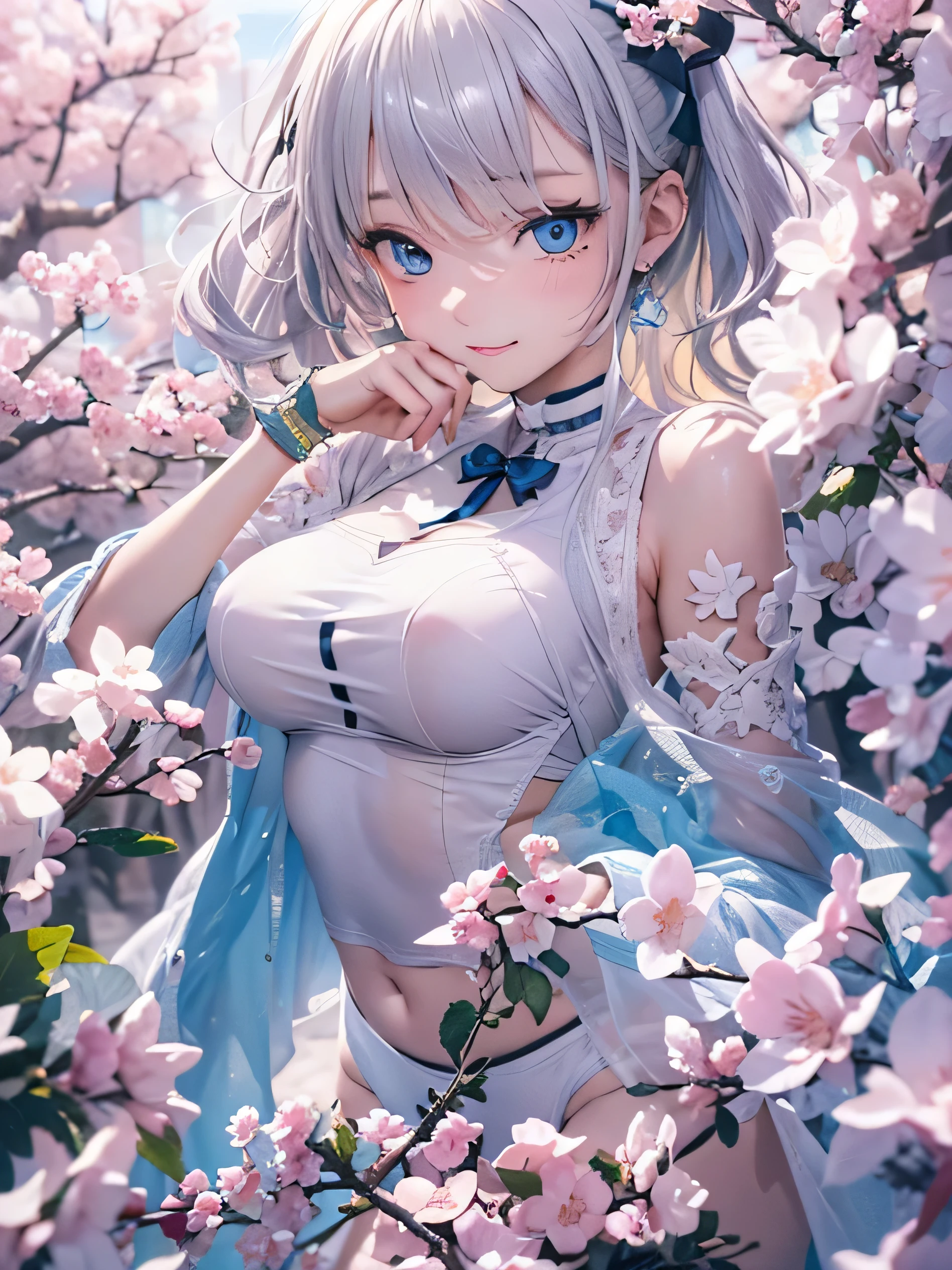 (photorealistic:1.8, highest quality:1.8,8K masterpiece:1.8,High resolution,muste piece:1.8,RAW Photos,cinematic lighting),
1 23-year-old woman,(thin transparent nurse costume,mini skirt,choker,knee high tights,white panties、beautiful butt,beautiful thighs),
(beautiful detailed blue eyes:1.7,double eyelid:1.6,beautiful skin:1.8)
line of sight(Turning Head Away, Glancing Elsewhere:1.5),(photo seen from behind:1.4),
(short Hair:1.2,Beautiful shining blue-white hair:1.5),
expression(Gentle Smile:1.3,face turns red:1.3),(Moderate chest:1.3),
Pause(look back, Seductive pose:1.5),
background(cherry blossoms、Bright field with blooming flowers),anatomically correct,correct number of arms:1.5,correct number of legs:1.5,(cameltoe),No split screen