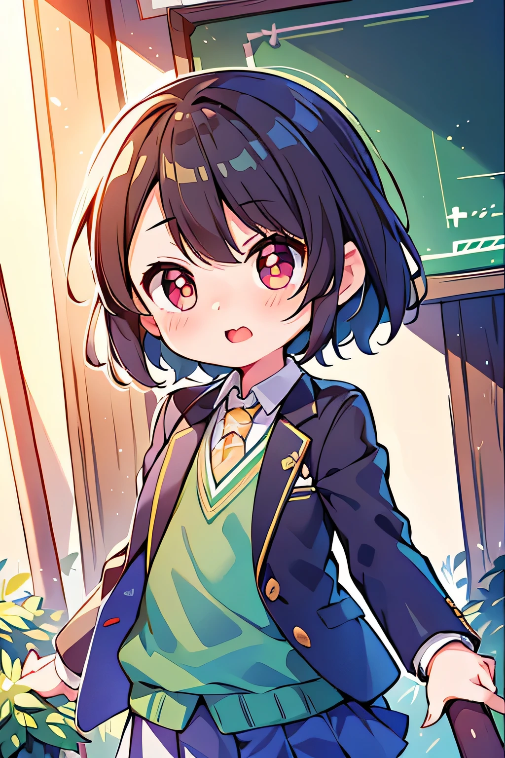 masterpiece, best quality, 1girl, solo, nahida_genshin, cross-shaped pupils, school uniform, green tie, blazer, pleated skirt, green cape, standing  