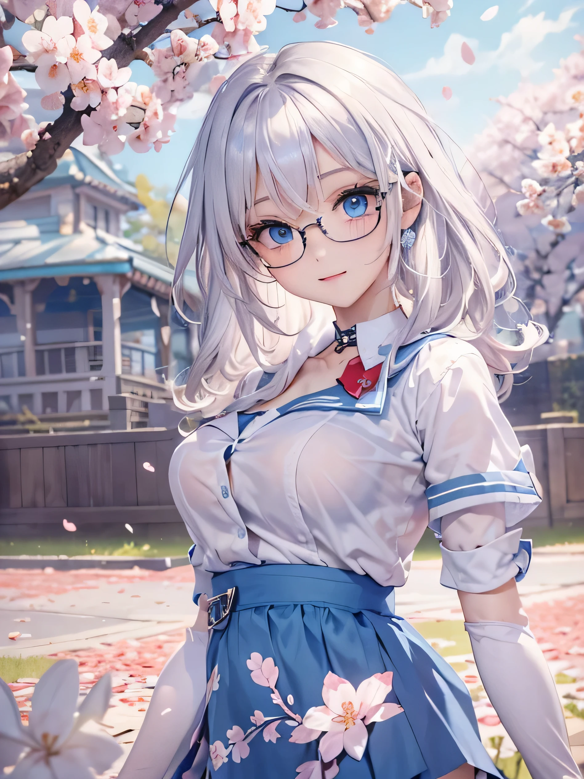 (photorealistic:1.8, highest quality:1.8,8K masterpiece:1.8,High resolution,muste piece:1.8,RAW Photos,cinematic lighting),
1 23-year-old woman,(thin transparent nurse uniform,choker,square rim round glasses,knee high tights,white panties、beautiful butt,beautiful thighs),
(beautiful detailed blue eyes:1.7,double eyelid:1.6,beautiful skin:1.8)
line of sight(Turning Head Away, Glancing Elsewhere:1.5),(photo seen from behind:1.4),
(midium Hair:1.2,Beautiful shining blue-white hair:1.5), 
expression(Gentle Smile:1.3,face turns red:1.3),(Moderate chest:1.3),
Pause(look back, Seductive pose:1.5), 
background(cherry blossoms、Bright field with blooming flowers),anatomically correct,correct number of arms:1.5,correct number of legs:1.5,(cameltoe),No split screen