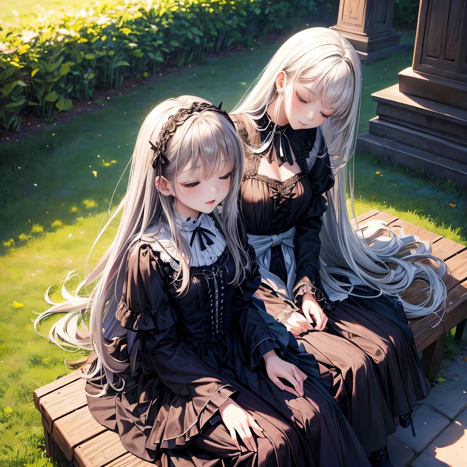 (masterpiece,highest quality,超A high resolution),japanese woman, (((very beautiful 16 year old girl))), pretty girl、look at the photographer、Front view, (((long hair))), super cute face, glossy lips, smile、 natural makeup, long eyelashes, Shiny and smooth hair、center image, perfect limbs, perfect anatomy,(((gothic clothes)))、(((sit in the park)))、Shooting from directly above、Are sleeping、sleep、Fainting、A good night's sleep、lethargy、eyes closed