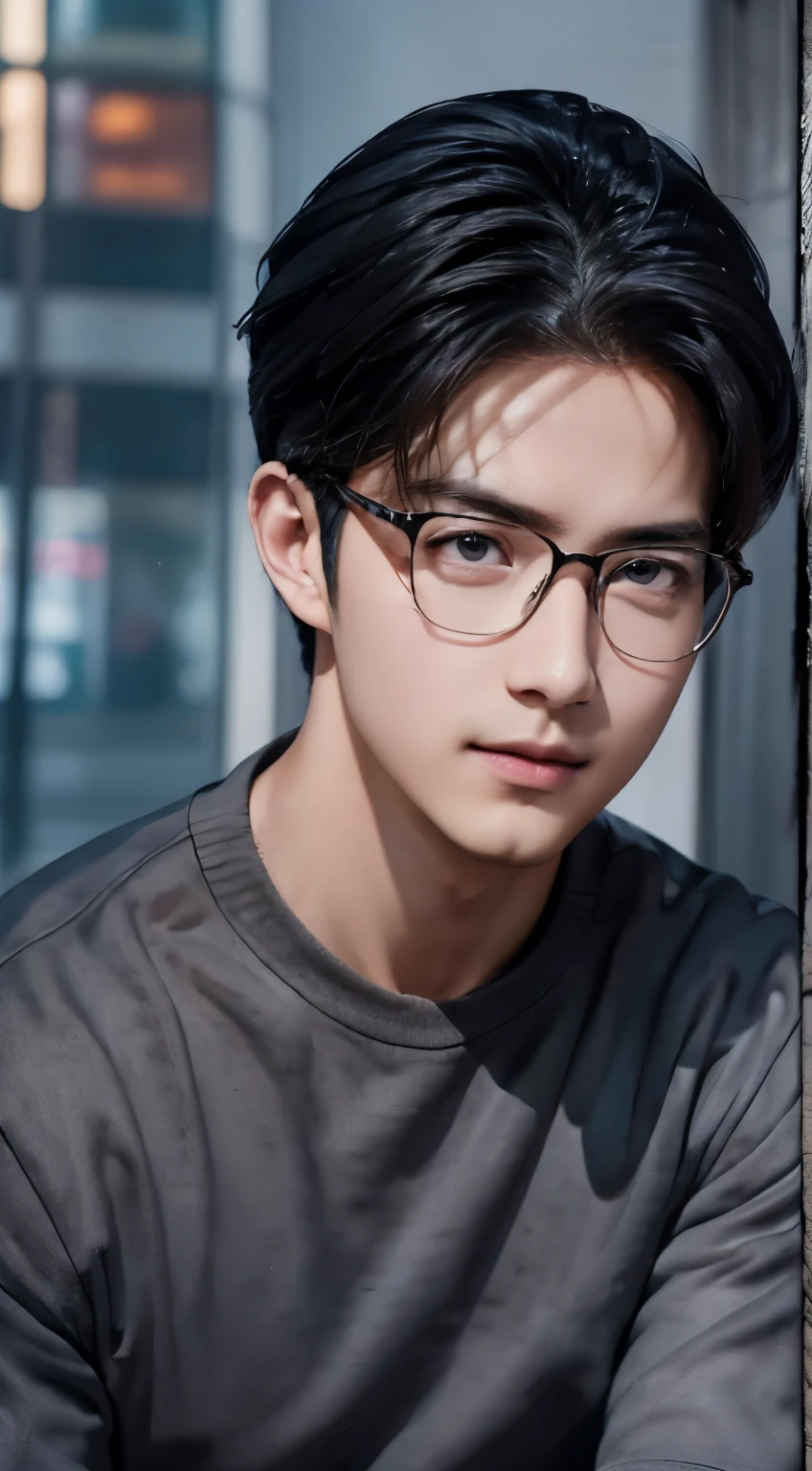 (Aesthetic)Male model wearing glasses,full bodyesbian,Beautiful and delicate eyes,beautiful detailed lips,Extremely rich facial and body detail,Long eyelashes,Stylish hairstyle,denim pant,A confident expression,Dramatic jawline. (realisticlying,professional),sportrait,Studio lighting,Focus sharp,vivd colour.