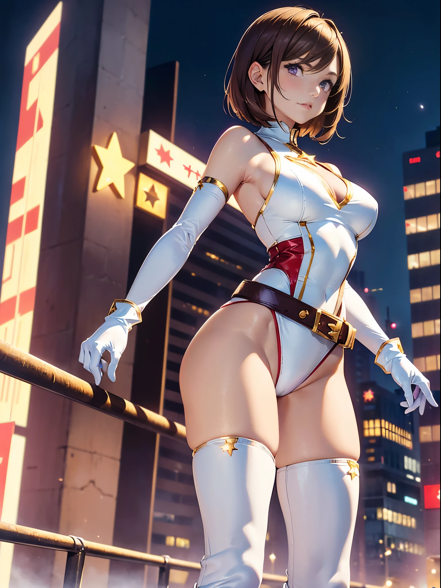 1girl, medium breasts, ((leotard, white and red leotard, sleeveless, bare legs)), ((tight belt, gold belt)), ((boots, matching boots, ankle boots, white boots)), ((gloves, white gloves)), city backdrop, tokyo city backdrop, solo, single, hands on hip, standing, ((full body shot)), cowboy shot, superhero, beautiful detailed eyes, mature lady, (gold star symbol on chest), (brown hair, short hair, bob hair, purple eyes), (perfect anatomy), masterpiece