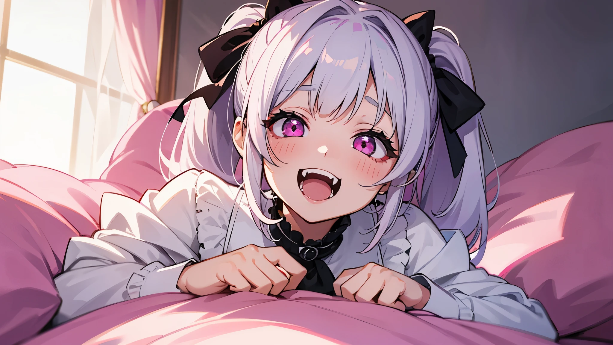 one girl, very beautiful face, beautiful eyes, detailed eyes, detailed face, detailed hair, masterpiece, anime girl, pink eyes, silver hair, , kawaii, two pony tails, very young, big , pixiv, illustration, very high quality, masterpiece, vampire teeth, fangs, pink cheeks, looks at you, yandere, psycho, in bed, crazy laugh, crazy, laughing