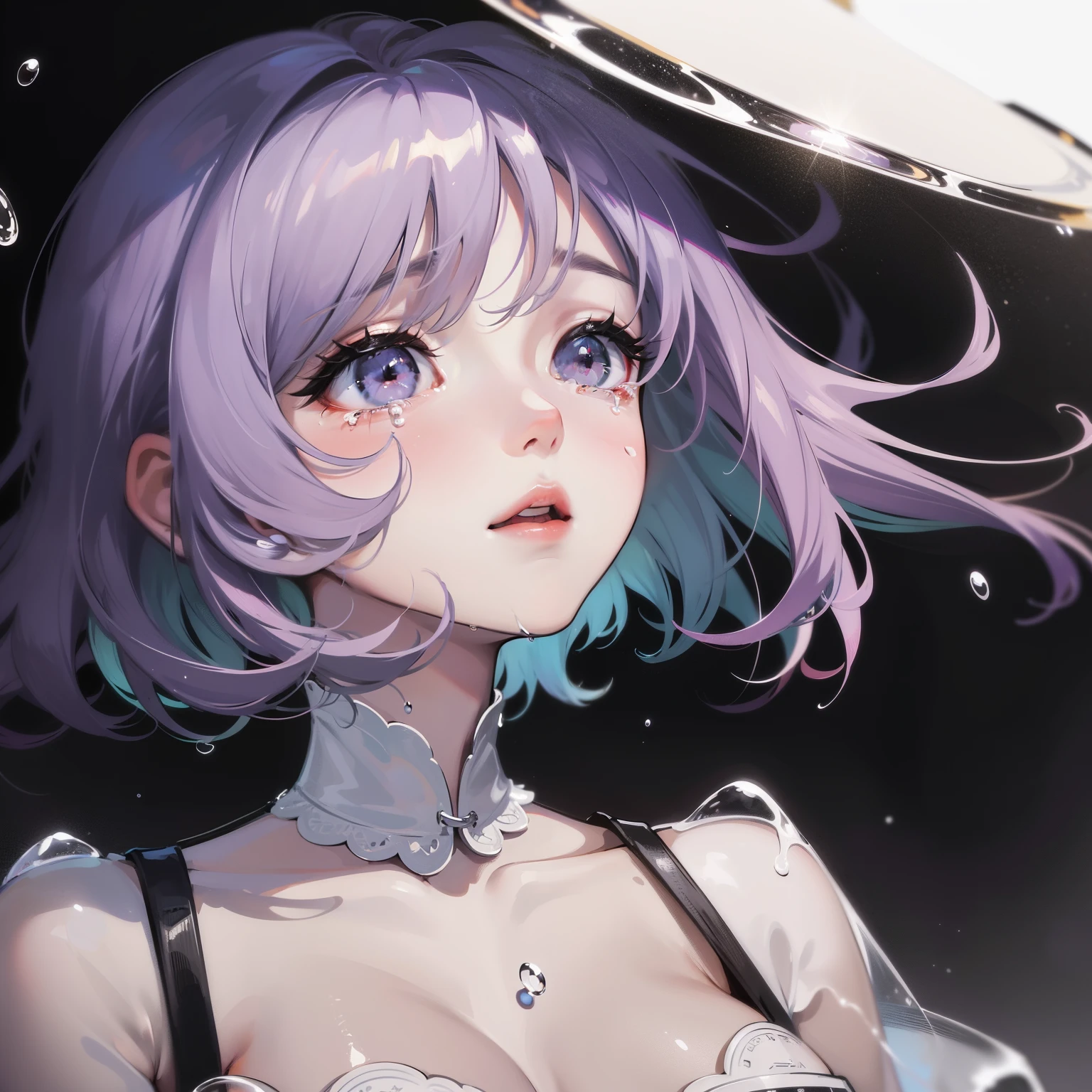 Solo, 1girl in, Purple eyes, Purple hair, Bubble, Looking at Viewer, Portrait, Half-closed eyes, Short hair, Closed mouth,Glossy foam,Bubbles, Colors that shine in bubbles, Reflective bubbles,Bubbles ,bubbles around, Turning into a bubble, Translucent foam, Iridescent reflections, fullnude