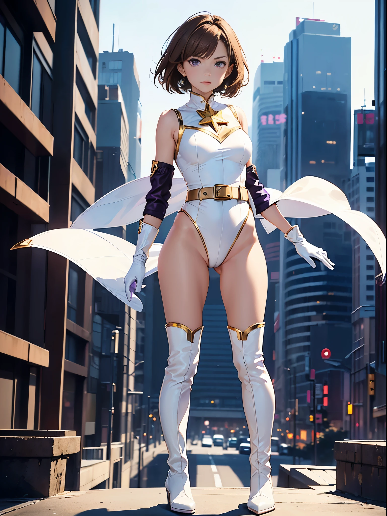 1girl, medium breasts, ((leotard, white and red leotard, sleeveless, bare legs)), ((tight belt, gold belt)), ((boots, matching boots, ankle boots, white boots)), ((gloves, white gloves)), city backdrop, tokyo city backdrop, solo, single, hands on hip, standing, ((full body shot)), cowboy shot, superhero, beautiful detailed eyes, mature lady, (gold star symbol on chest), (brown hair, short hair, bob hair, purple eyes), (perfect anatomy), masterpiece