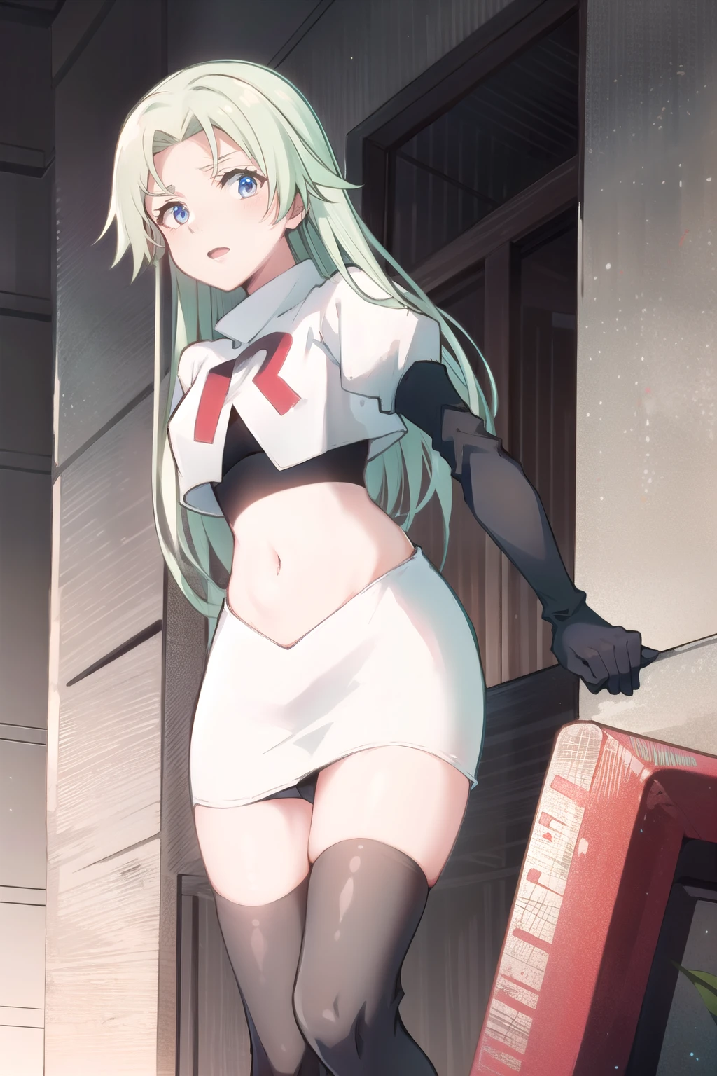 EFT_Tensura_Treyni, nature, team rocket,team rocket uniform,white skirt,red letter R,crop top,black thigh-highs,black elbow gloves