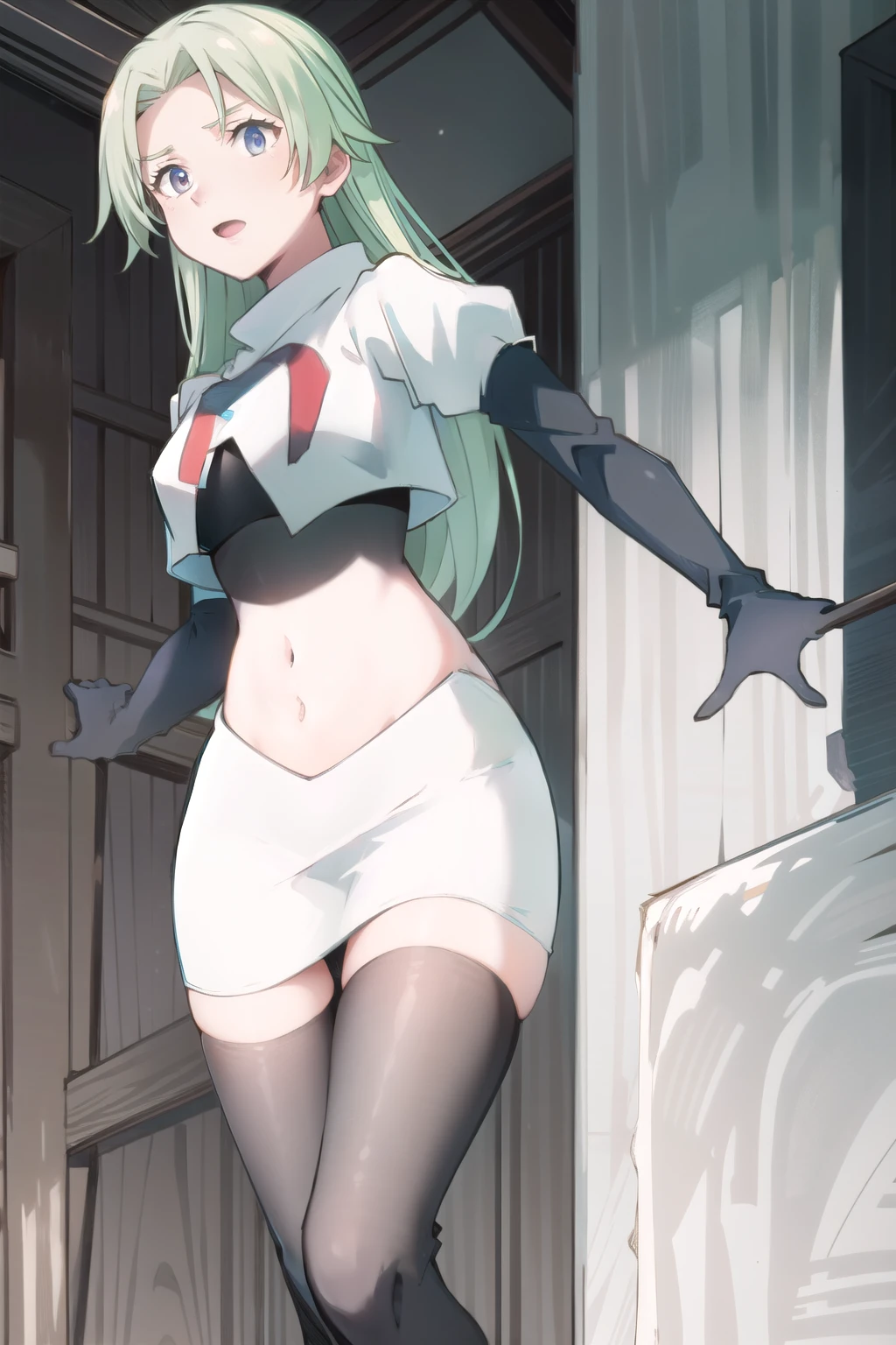 EFT_Tensura_Treyni, nature, team rocket,team rocket uniform,white skirt,red letter R,crop top,black thigh-highs,black elbow gloves