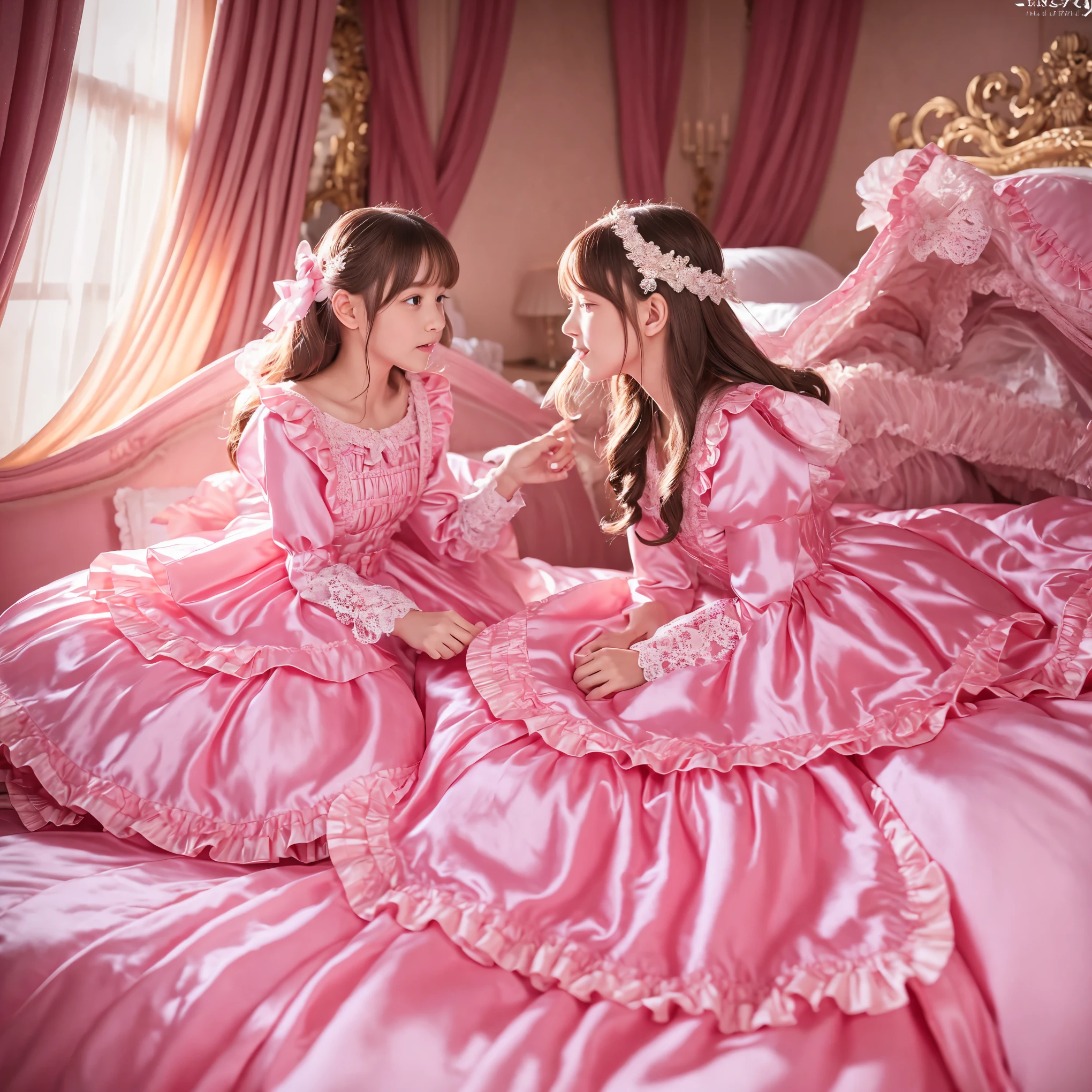 ,highest quality, masterpiece, highest resolution, artwork, super それにget used to it, many get used to it, get used to it, それにget used to it, 3K realistic photos,,((10 year old s)),Super detailed baby face,both are princesses,detailed luxury tiara,Full length ball gown dress with hoop skirt,ruffle yoke collar,Detailed braided ribbon at chest,puff sleeves,long sleeve,((lolita stylt pink princess satin dress、Comes with lots of frills and ribbons。)),crazy'colorful fashion,shiny silk satin dress,soft and smooth silk satin fabric,luxury,Very long blonde hair,blue eyes,white skin european,pajamas,((inside the palace)),Princess dancing happily,gorgeous flowing dress,fine white frills and lace,Super long hair that is as tall as your body,white long socks,drawers with lots of frills,castle bedroom at night,Super long flowing hair,on the bed,豪華な天蓋付きon the bed,巨大な広いon the bed,Pink pillow with lots of frills,Silk satin pink curtains with luxurious ruffles and ribbons surround the bed,princess sitting on bed,Pillows piled up behind the princess,A princess leaning on a pile of pillows,Long hair scattered like a fan on the bed,