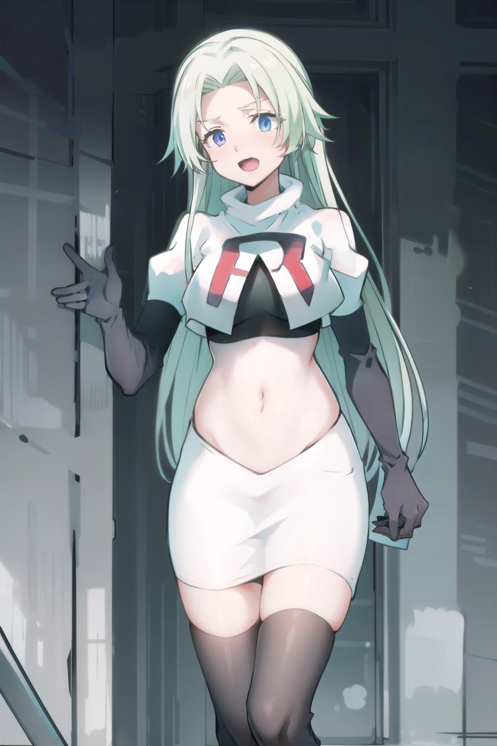 EFT_Tensura_Treyni, nature, team rocket,team rocket uniform,white skirt,red letter R,crop top,black thigh-highs,black elbow gloves