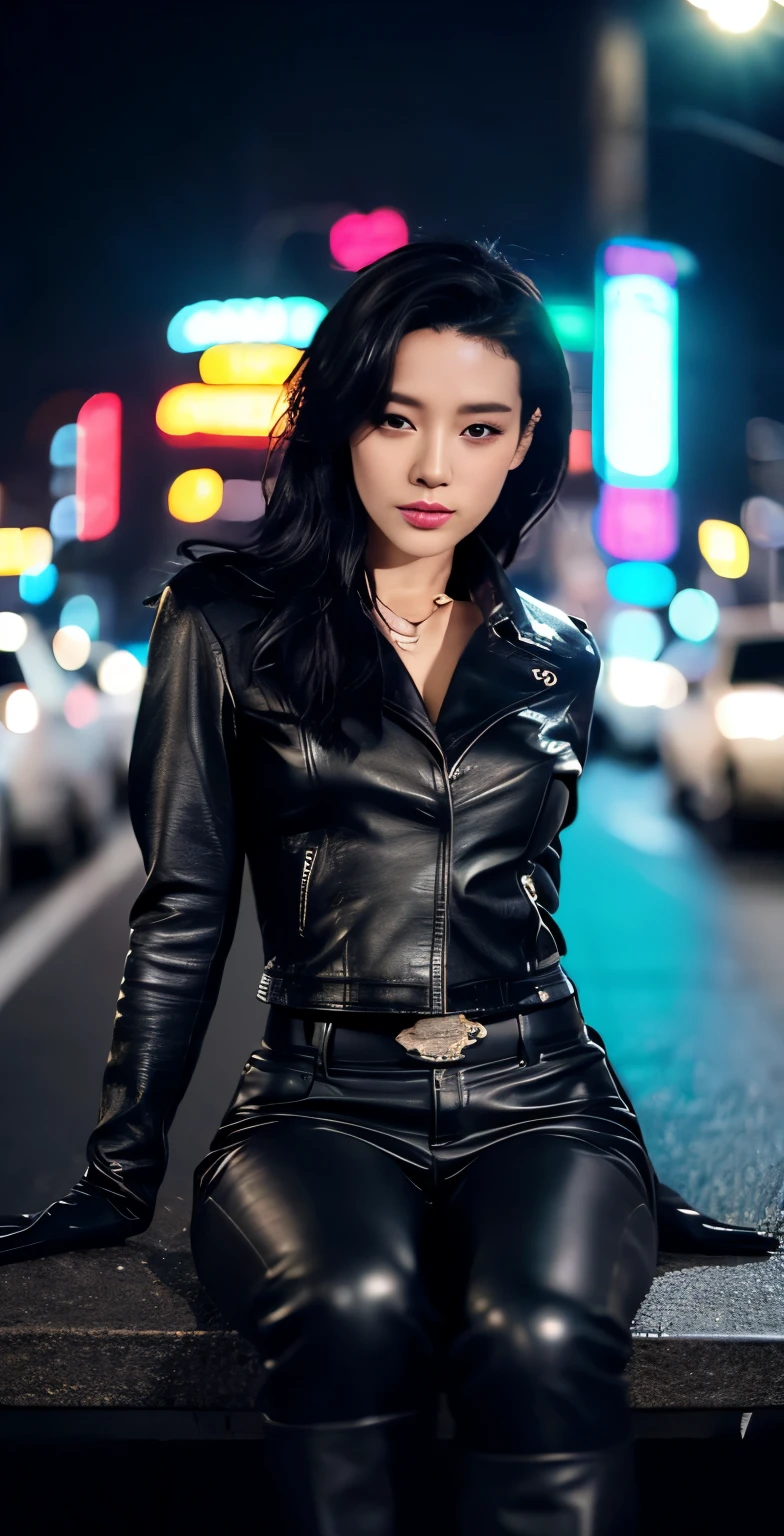 black leather rider jacket, office in the dark, Fingertips of black leather gloves on both hands,wearing black leather gloves,sitting in a black leather chair、 Japanese female new employee (black leather gloves cover both hands) (The angle is horizontal)、black leather leather pants,black leather black leather pants,black leather skinny pants、Long black leather boots on both feet、black hair ponytail ((He wears black leather gloves on his hands))Full body photo,full body shot full body full body leather suit,☺If you turn in this direction。wearing black leather gloves,wearing black leather gloves,wearing black leather gloves,wearing black leather gloves,wearing black leather gloves,wearing black leather gloves,黒のレザーパンツが美しい😍黒のレザーパンツが美しい😍黒のレザーパンツが美しい,😍I&#39;m smiling while looking at you,city lights、((neon cyberpunk city street:1.3))、(neon light)、detailed lighting、

best image quality、ultra high resolution、(realism:1.4)、korean beauty star、The most beautiful KPOP stars、face、horny korean makeup、A body that makes you want to touch it、realistic leather texture、Costume made of smooth leather fabric、The drape of the curved parts of the leather fabric、The costume has a strong shine、costume quality、8K photo quality