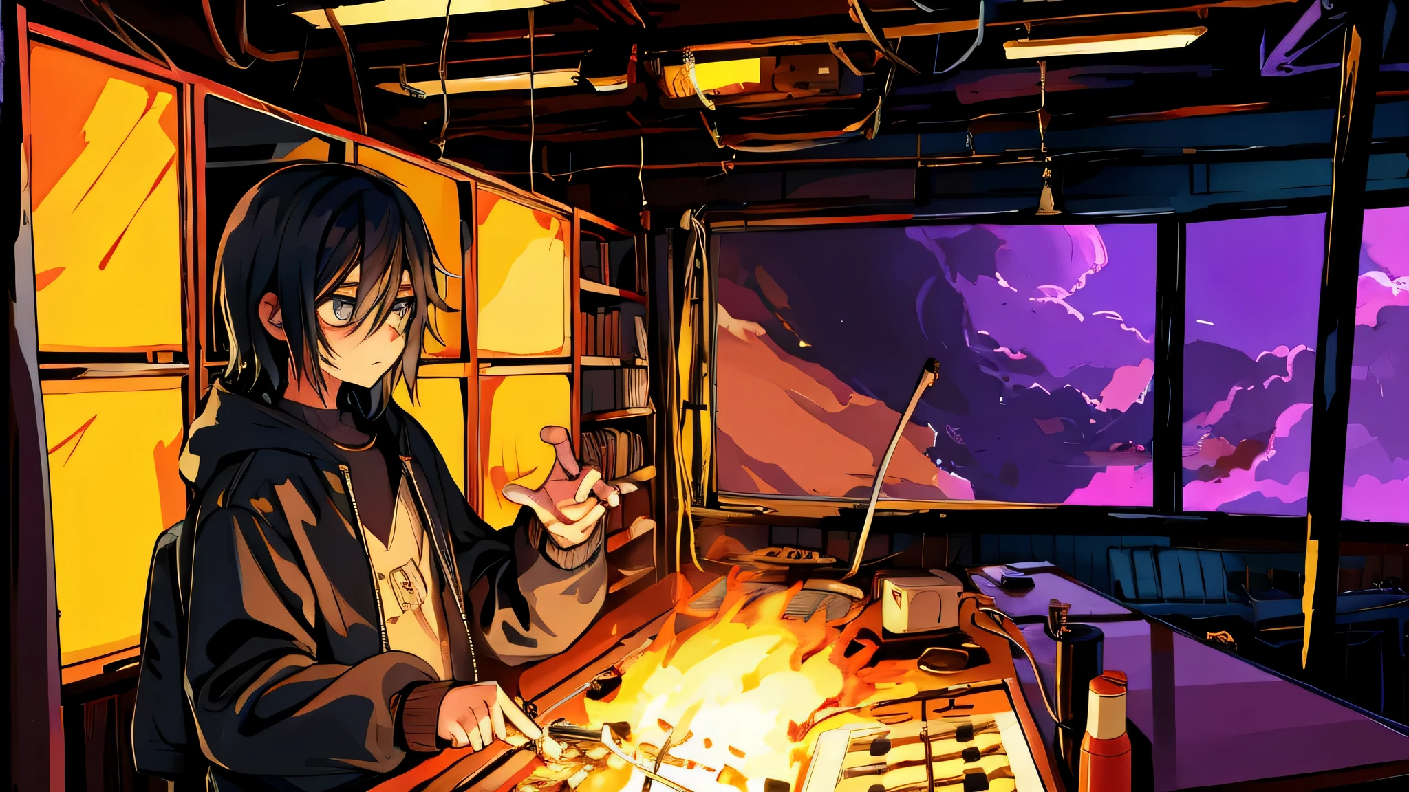 emo boy setting studio on fire