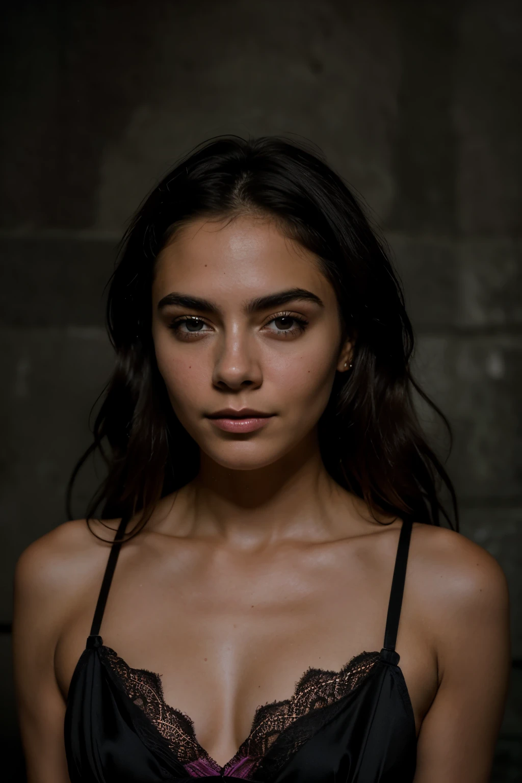 foto cruda, Face portrait photo of beautiful 26 years old..oh mujer, Cara linda, vistiendo un vestido negro, cara feliz, sombras duras, cinematic shot, dramatic lighting, pink lingerie