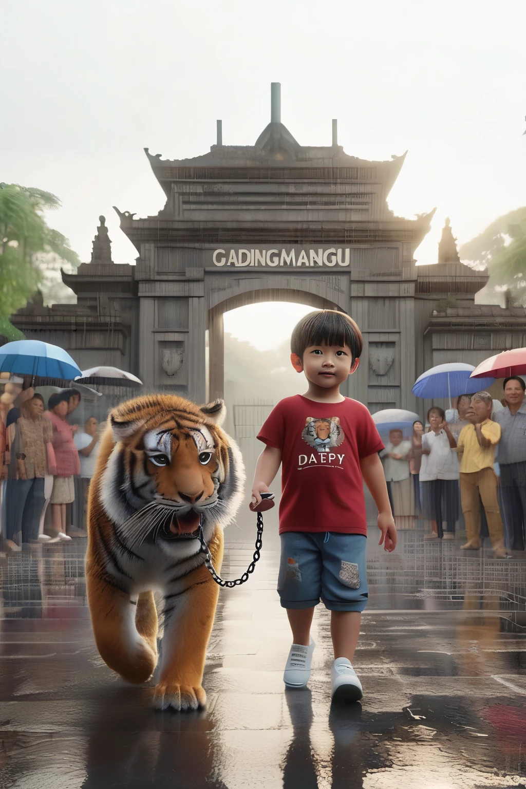 there is a young boy walking a tiger on a leash, inspired by Rudy Siswanto, by Rudy Siswanto, 3 d render and matte painting, still from a live action movie, “hyper realistic, in matte painting, cinematic. by leng jun, by Abidin Dino, matte painting portrait shot, disney photo realistic, scene from live action movie