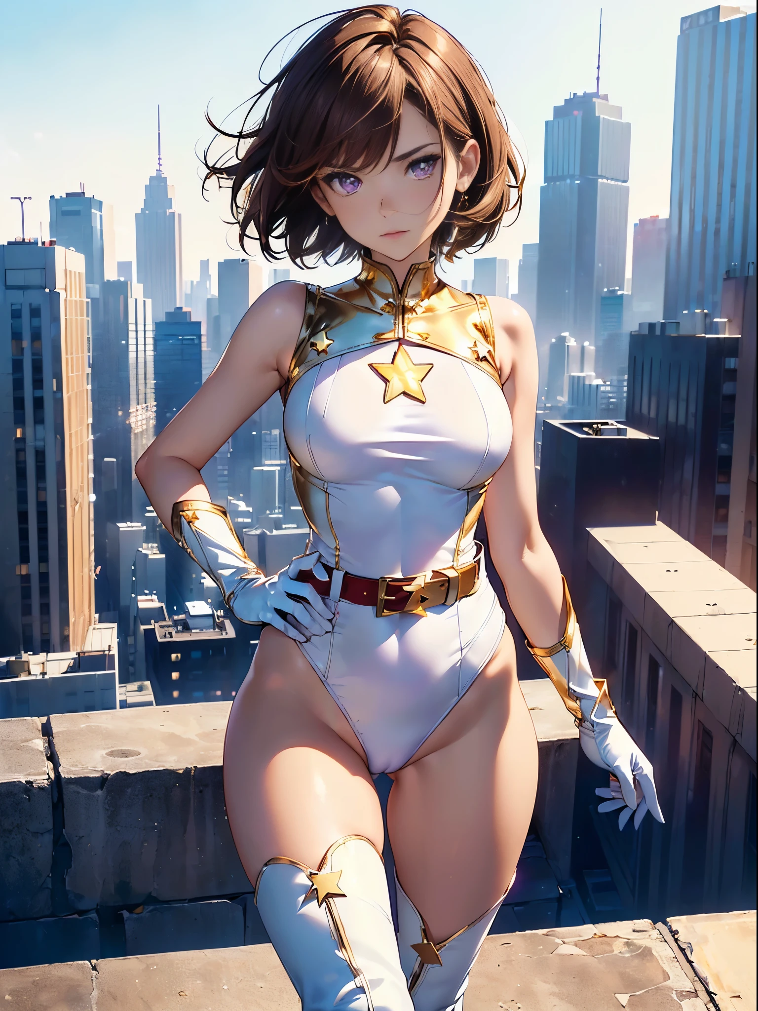 1girl, medium breasts, ((leotard, white and red leotard, sleeveless, bare legs)), ((tight belt, gold belt)), ((boots, matching boots, ankle boots, white boots)), ((gloves, white gloves)), city backdrop, tokyo city backdrop, solo, single, hands on hip, standing, ((full body shot)), cowboy shot, superhero, ((beautiful detailed eyeature lady, (gold star symbol on chest), (brown hair, short hair, bob hair, purple eyes), (perfect anatomy), masterpiece