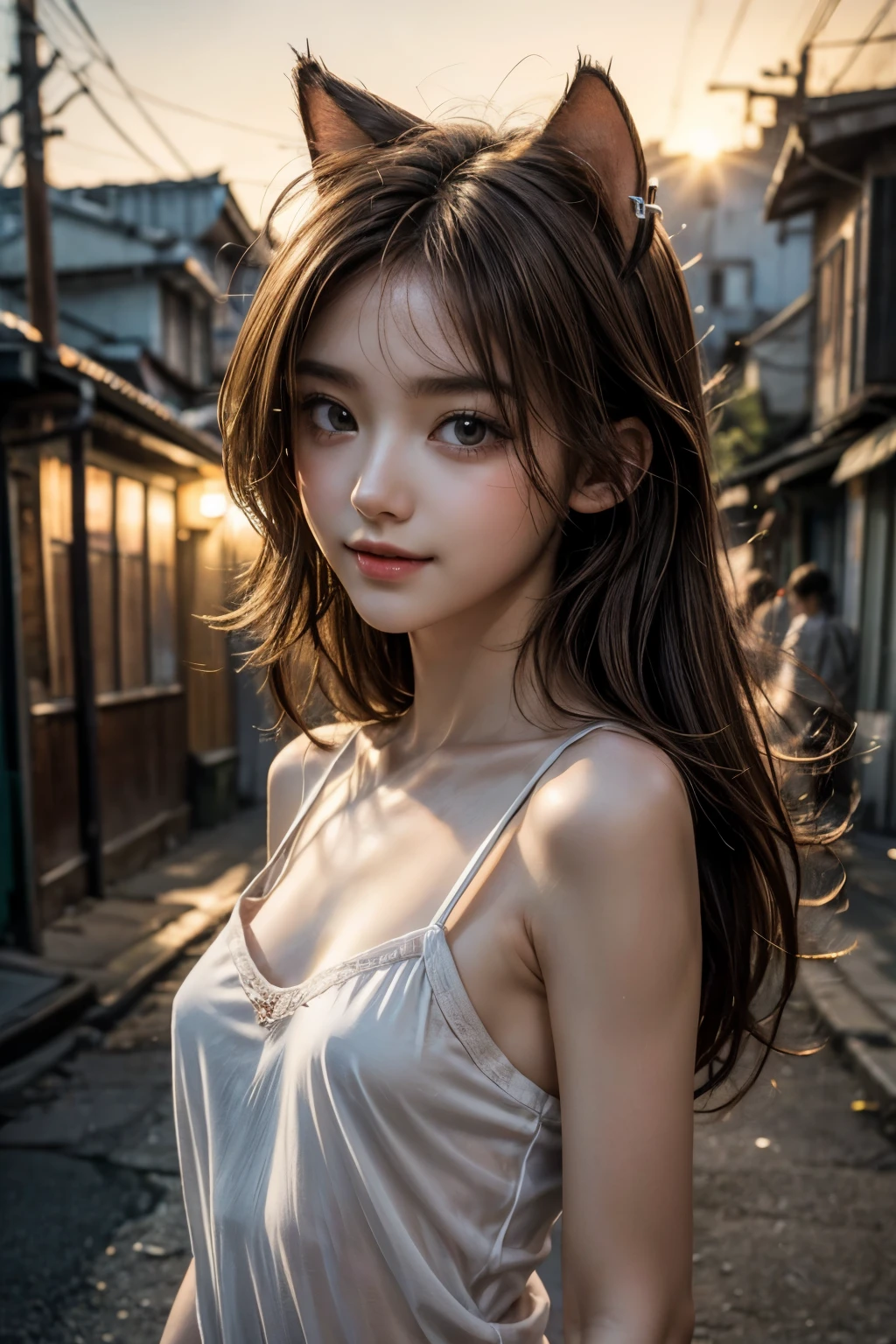 ((Masterpiece)), (Anime:1.3), ((best quality)), (RAW photo: 1.2), (High Definition:1.3), (Professional Photography:1.2), (),1girl, 8K, cinematic lighting, very messy hair,(portrait), narrow lane, (sunset), Glossy lips, (slightly exposed small breast), (loose white sexy camisole), Slender small breasts,big cute smile, slum townscape, Textured skin, cat ears, pale brown hair, Cute Beautiful girl