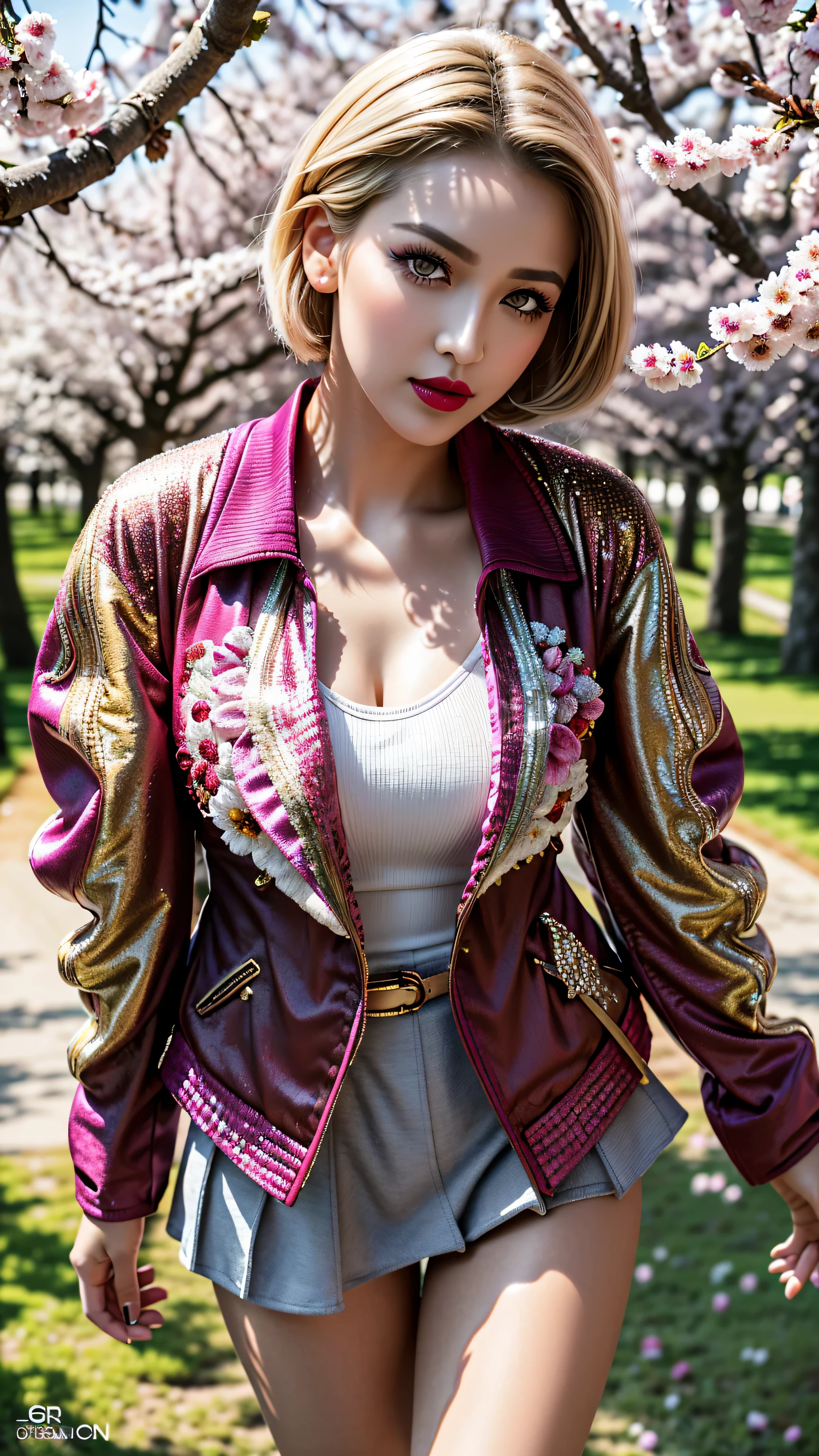 (Highest resolution),(the most absurd quality),(masterpiece),(sharp focus),(最high quality),(photorealistic),(hyper realistic),(best high quality real texture skin:1.4),((ebony skin female)),(best quality texture hair:1.4),1girl:1.4 20 years old,looking at viewer,cinematic,dark,muted colors,slate atmosphere,(Super beautiful face),(realistic face),absurd(ultra detailed eyes), finely detailed face,finely quality eyes,(tired and sleepy and satisfied:0.0),realistic eyes,perfect round eyes,finely detailed pupils,(brown_eyes:1.3),detailed lips:1.3,pink_makeup:1.3,long blue_eyeliner:1.15,(red_lipstick:1.32),perfect dark_eyeshadows:1.35,there a close up of a woman's,(super detailed makeup on eyes:1.3),iridescent eyes,with professional makeup,vibrant eyes:1.1,(Detailed nose:1.2),((short blonde hair ((slicked to the side)) extremely detailed:1.3)),((outside,an orchard of blooming cherry trees:1.3)),((super extravagant ((cut jacket)) wear:1.51)),small head:1.4,(short skirt wrapped at the hips),/(random u%u top:1.13),/exquisite balance of shadows,perfect composition,(shot above the knee:1.3),look at the viewer,(from below:1.3),((show high exposed thighs:1.3)),Hasselblad, 85mm f/4.0