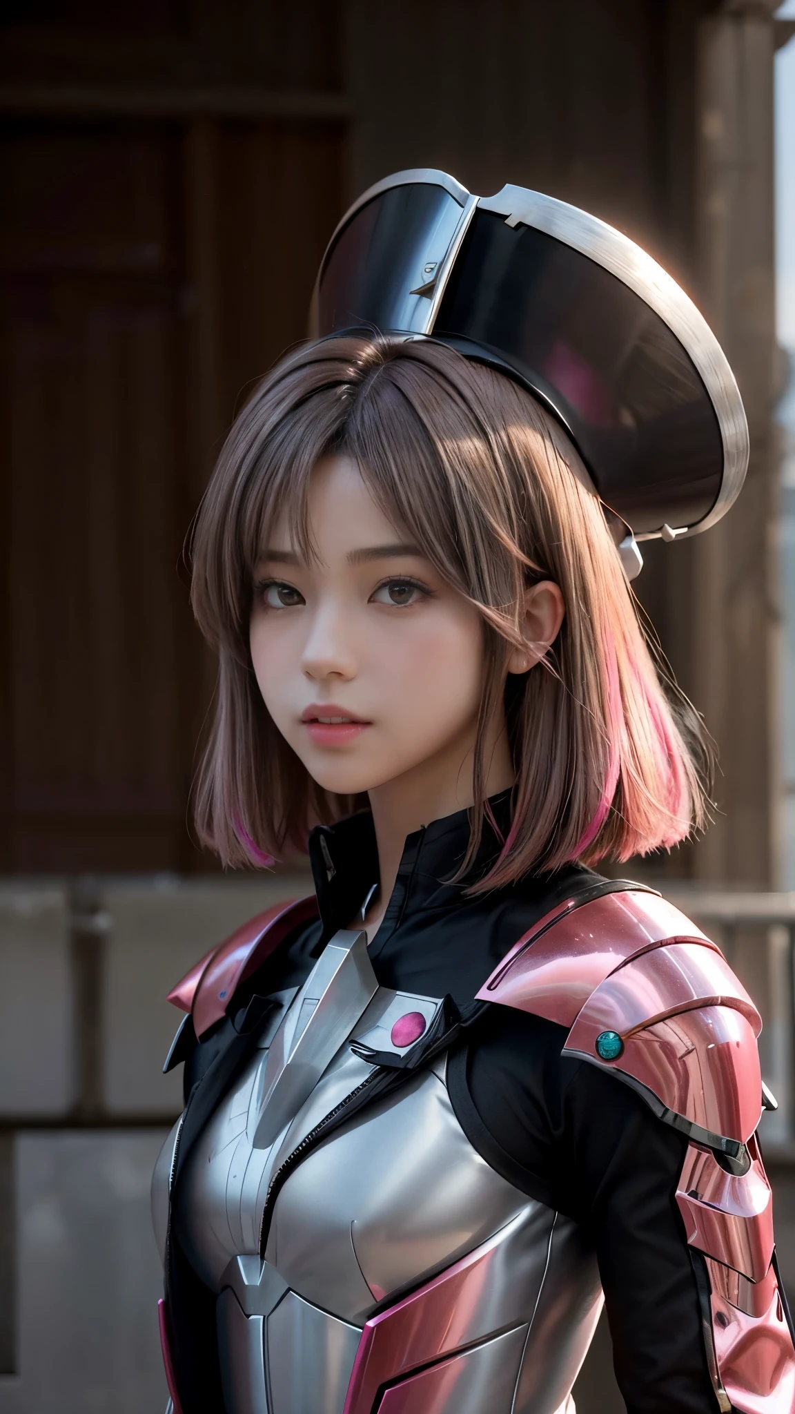 Photo of two realistic black Sazabi girls，Shortcut Bob Cut，I have a lot of hair，brown eyes，Hair color is bright pink，cool look，background is gray，16 year old daughter of Haman Khan and Char Aznable.