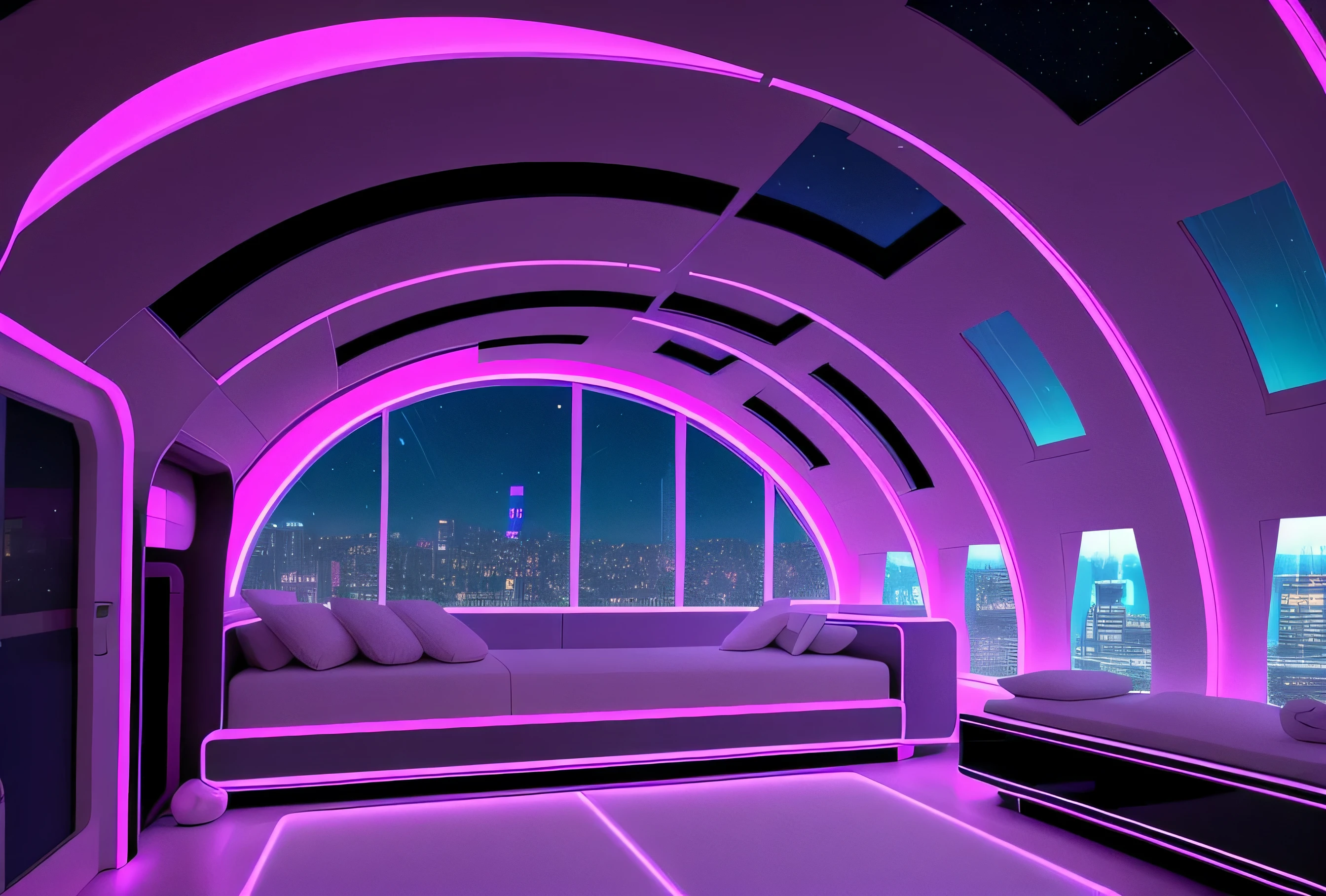 Neon Room　Bedrooms　Futuristic structure outside large windows　nighttime scene　neons