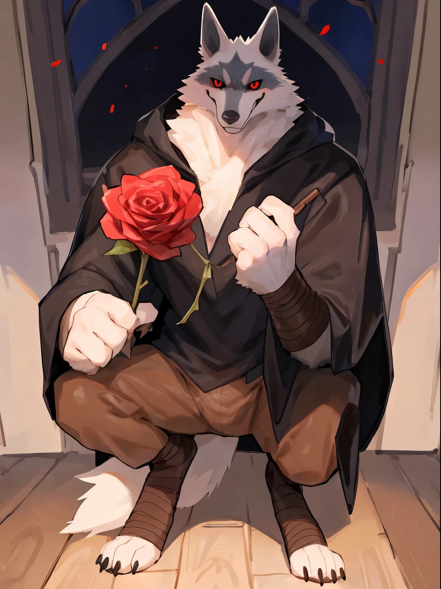 ((best quality, high res)), Death Wolf, 1male, solo, skinny muscle, tail, black cloak, brown pants, holding a rose, detailed eyes, finely detail, white fur, sadic smirk, red eyes, black sclera, in the dark night mansion hall, by Bebebebebe, by K0BIT0WANI, by Syuro