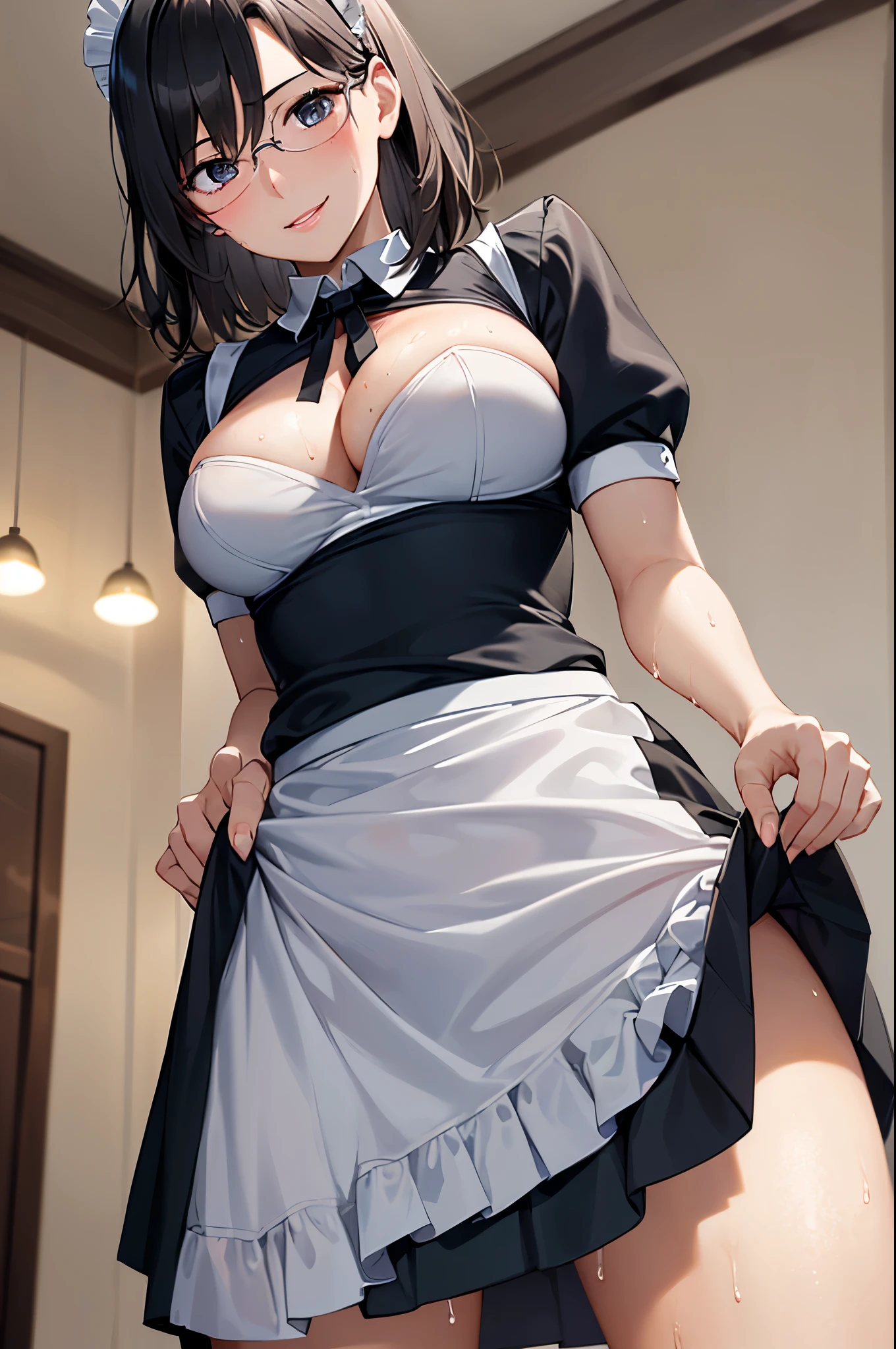 1girl,18yo,perfect hands, perfect finger,perfect anatomy, masterpiece, best quality,realistic, hyperrealistic, 16k hdr,, aamii, short hair, black hair, blue eyes, glasses, ,cafe,standing,(sweat:1.3),(happy smile),large breasts,cleavage,(skirt lift herself:1.5),,(sexy maid dress,head dress:1.2),ultra how off panty:1.2),from below