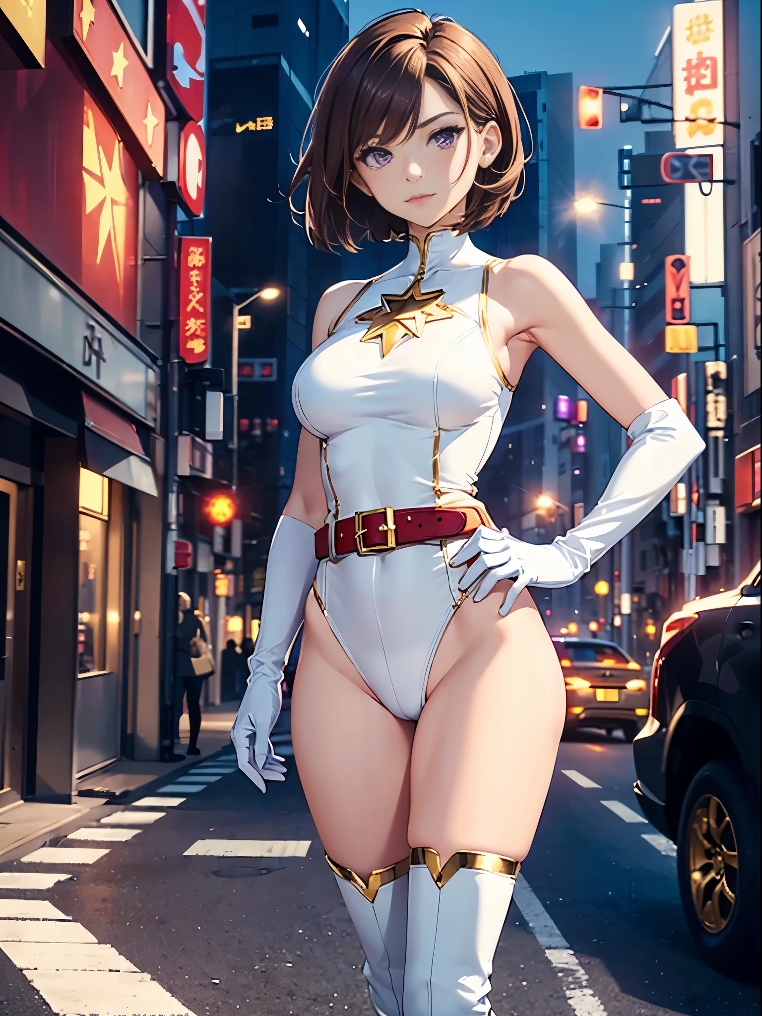 1girl, medium breasts, ((leotard, white and red leotard, sleeveless, bare legs)), ((tight belt, gold belt)), ((boots, matching boots, ankle boots, white boots)), ((gloves, white gloves)), city backdrop, tokyo city backdrop, solo, single, hands on hip, standing, ((full body shot)), cowboy shot, superhero, beautiful detailed eyes, mature lady, (gold star symbol on chest), (brown hair, short hair, bob hair, purple eyes), (perfect anatomy), masterpiece