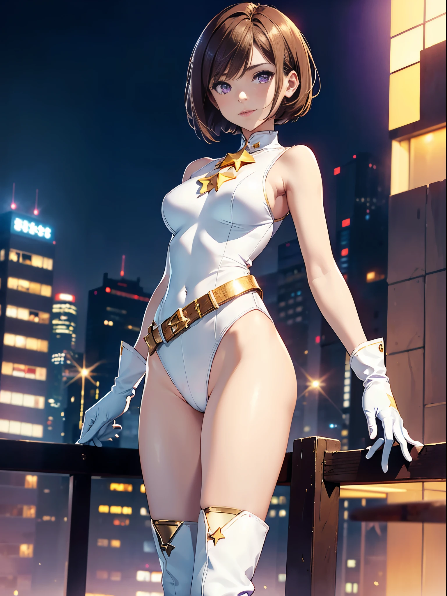 1girl, medium breasts, ((leotard, white and red leotard, sleeveless, bare legs)), ((tight belt, gold belt)), ((boots, matching boots, ankle boots, white boots)), ((gloves, white gloves)), city backdrop, tokyo city backdrop, solo, single, hands on hip, standing, ((full body shot)), cowboy shot, superhero, beautiful detailed eyes, mature lady, (gold star symbol on chest), (brown hair, short hair, bob hair, purple eyes), (perfect anatomy), masterpiece
