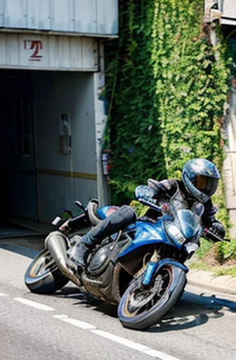 A scene where a motorcycle runs through a corner,((no helmet))