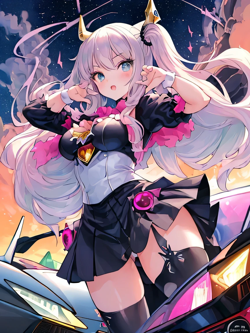((masterpiece)), ((highest quality)), (super detailed), (cute), figure, anime style, (beautiful eyes), lamborghini countach, personification, dynamic pose, Fusion and integration of girl and car, dynamic pose.