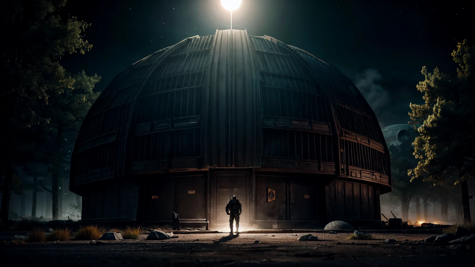 SCP-1051 Nevadan Extraterrestrial, from scp lore, SCP-1051 is a large, immobile organism presumably extra-terrestrial in origin, Its "shell" measures approximately 700 meters by 500 meters by 60 meters and have the appearance of a aircraft hangar, a sort of Man Eating Building with a ambush predator nature, vfx, light art, full hd, art by Zhou Jichang, art by Sophie Pemberton, realistic, art by Lili Árkayné Sztehló, graphic novel, feng shui, dark fantasy, 8k