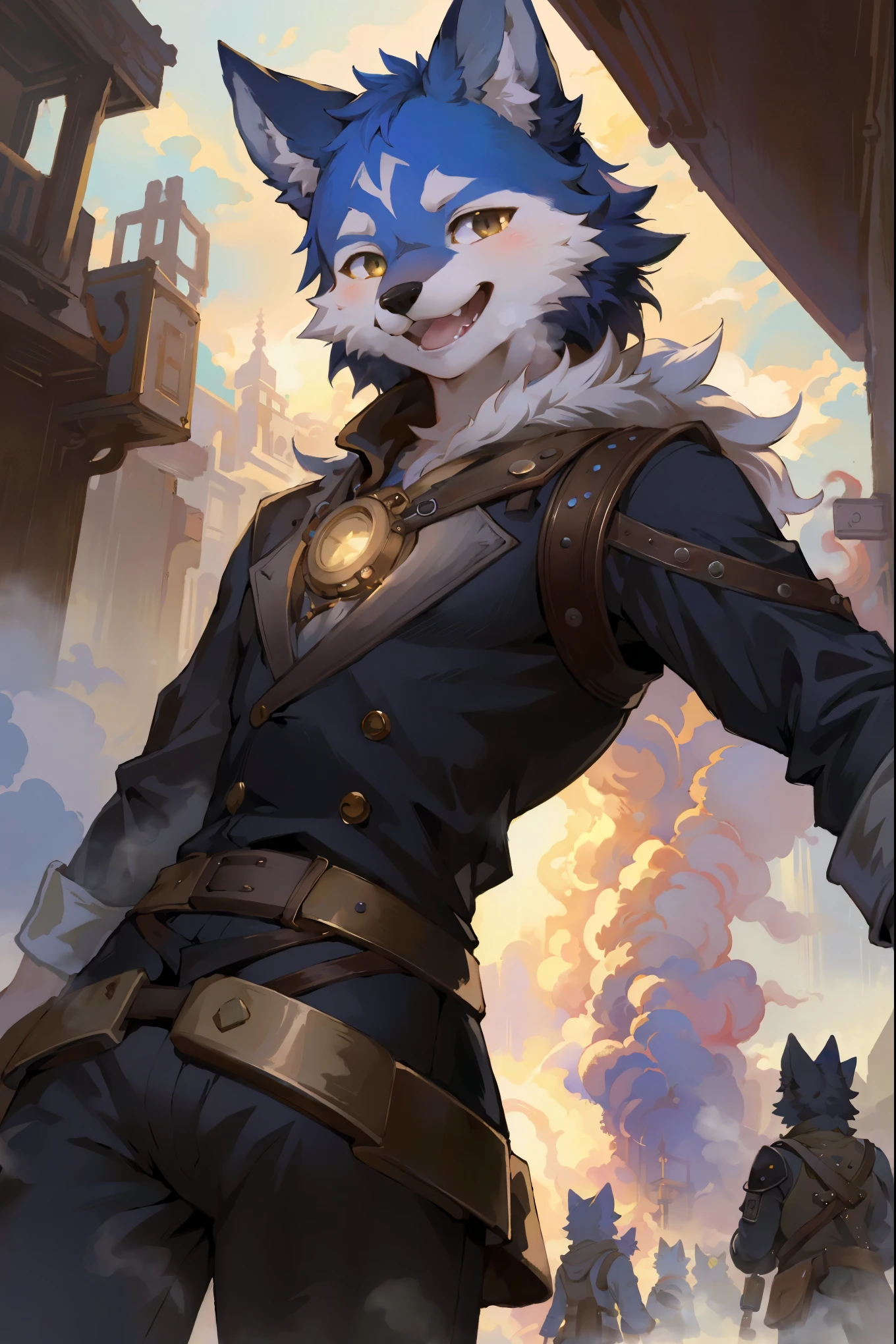 cover_page, highres, top quality, best quality, paid reward available, High-quality illustrations, unparalleled masterpiece, perfect artwork, absurdres, super high resolution, detailed background, Steam punk, Beautiful World Heritage, 6+boys, 6+girls, Happy, joyful(Photos of solo travelers)(kemono, furry anthro)cinematic lighting, dynamic angle,