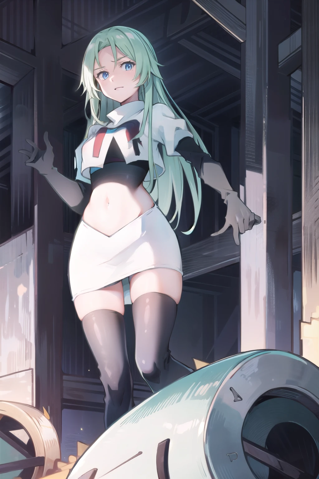 EFT_Tensura_Treyni, nature, team rocket,team rocket uniform,white skirt,red letter R,crop top,black thigh-highs,black elbow gloves