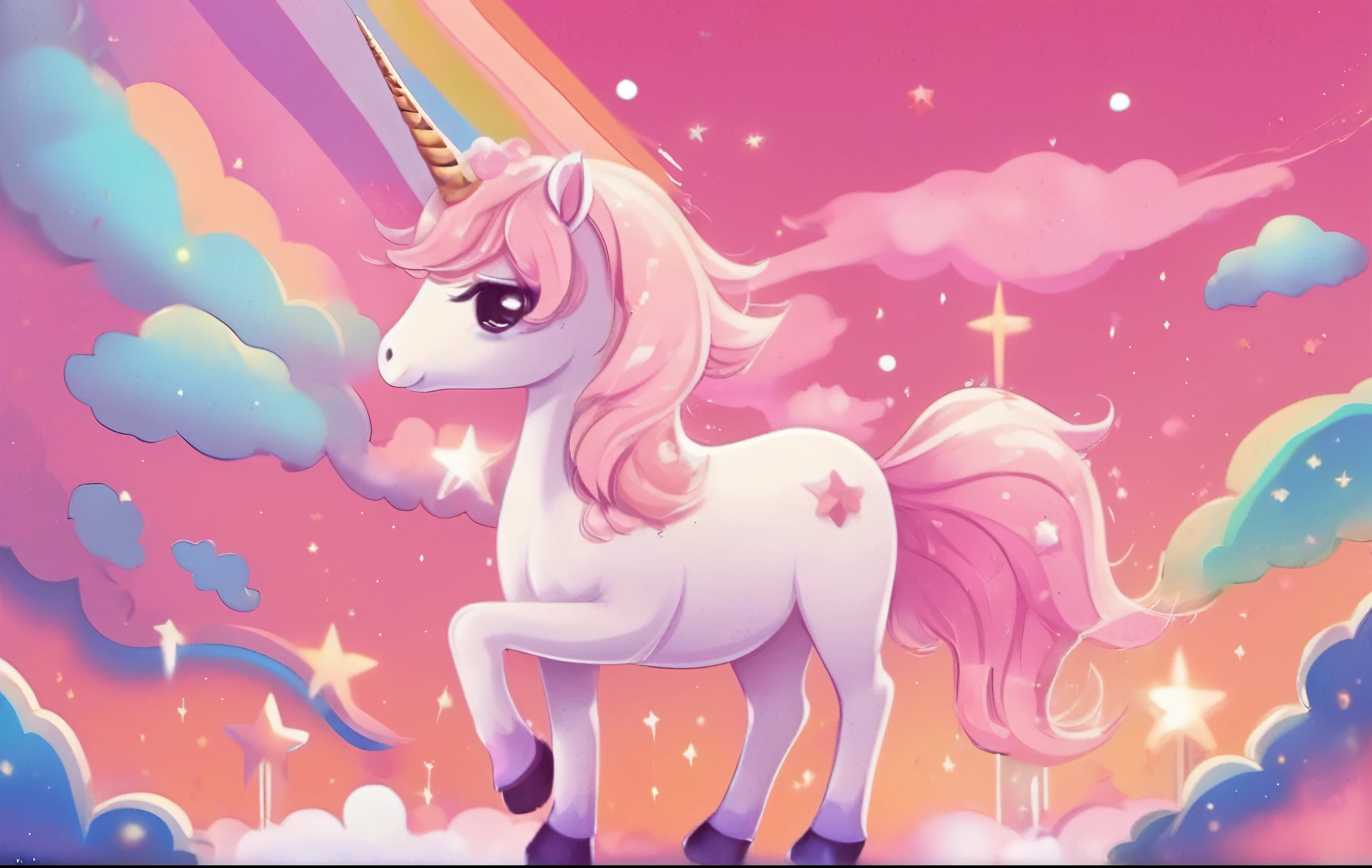 The overall tone is pink，A cute unicorn，rainbowing，As estrelas，Clouds，Pink，cartoonish style