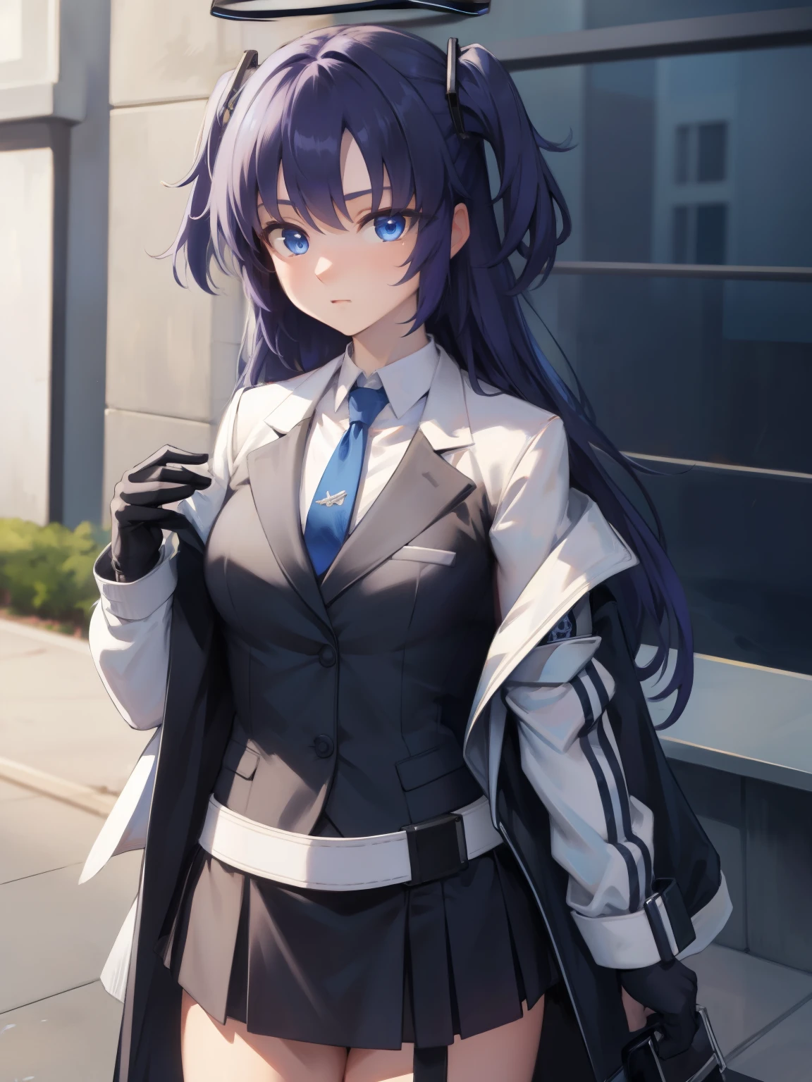 bluearchiveyuuka, yuuka, blue eyes, halo, purple hair, two side up, long hair,
BREAK belt, black gloves, black jacket, black skirt, blue necktie, gloves, halo, jacket, necktie, off shoulder, skirt, two-sided fabric, two-sided jacket, white belt, (white jacket:1.5),
BREAK looking at viewer, 
BREAK outdoors,
BREAK (masterpiece:1.2), best quality, high resolution, unity 8k wallpaper, (illustration:0.8), (beautiful detailed eyes:1.6), extremely detailed face, perfect lighting, extremely detailed CG, (perfect hands, perfect anatomy),