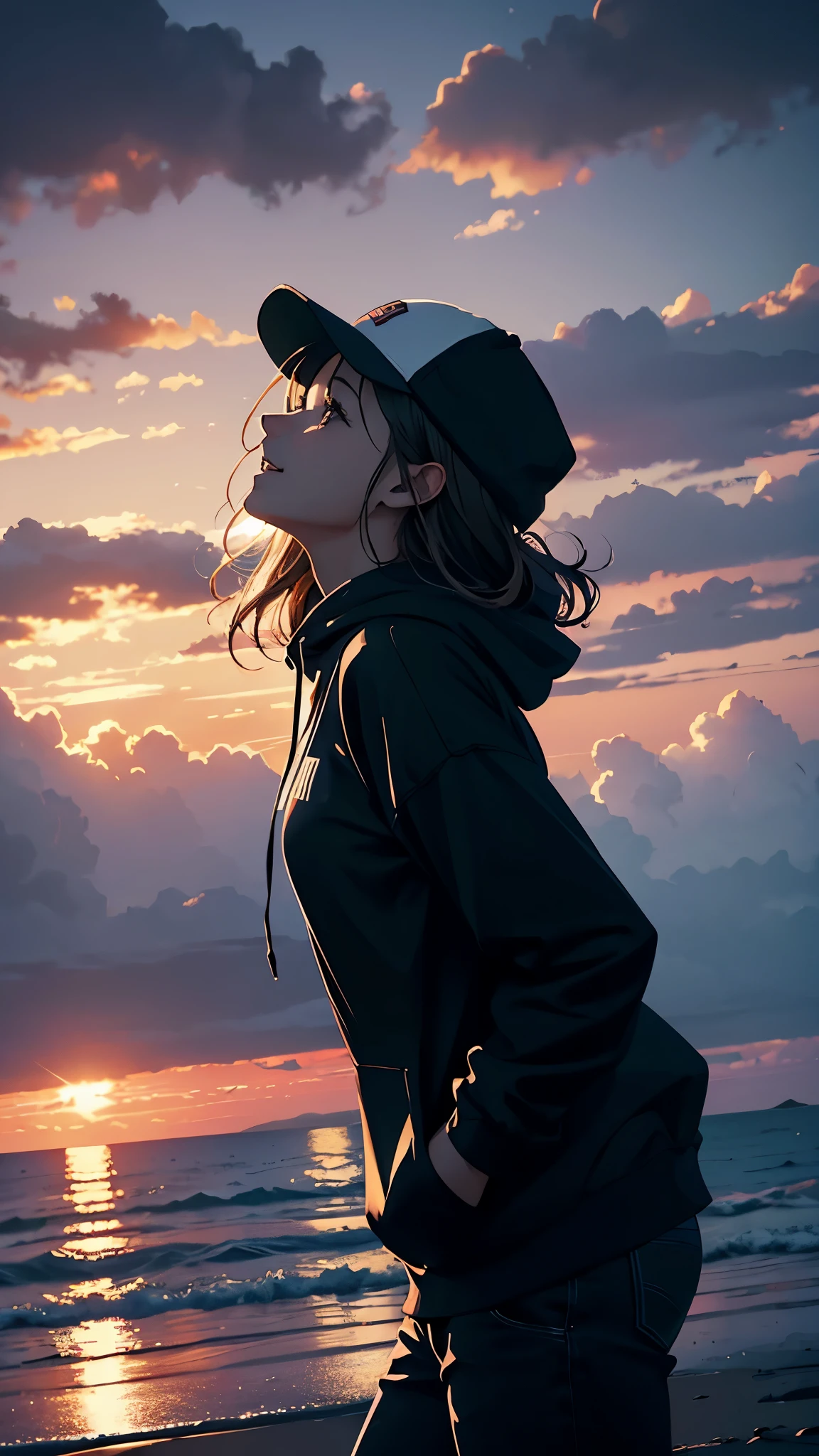 cinematic artwork of a woman walking alone, (she is looking up:1, wearing a hoodie, wearing a sports hat, laughing, hands in the pocket, professional image), cinematic atmosphere, semi-realistic, raining, detailed textures, uhd, reflections, low angle, at the sunset, hair in the wind, breathtaking, alone, solitude, relaxed atmosphere, cozy, (freedom feeling), gorgeous sky, dynamic angle,