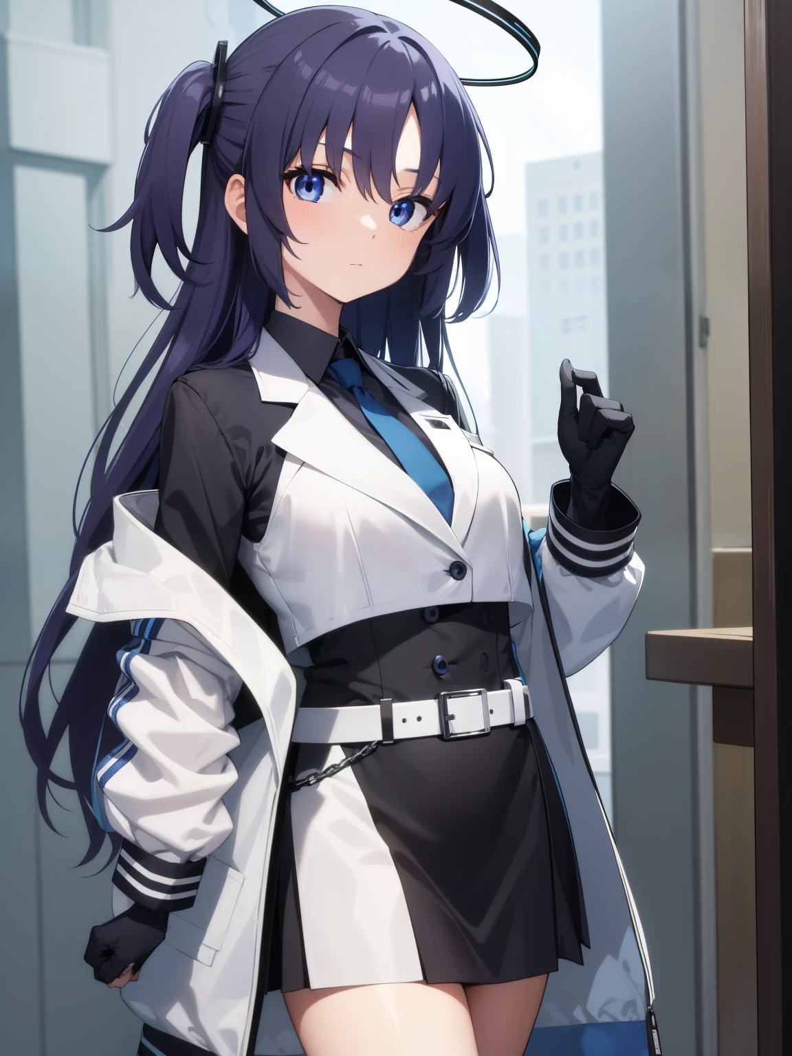 bluearchiveyuuka, yuuka, blue eyes, halo, purple hair, two side up, long hair,
BREAK belt, black gloves, black jacket, black skirt, blue necktie, gloves, halo, jacket, necktie, off shoulder, skirt, two-sided fabric, two-sided jacket, white belt, (white jacket:1.5),
BREAK looking at viewer, 
BREAK outdoors,
BREAK (masterpiece:1.2), best quality, high resolution, unity 8k wallpaper, (illustration:0.8), (beautiful detailed eyes:1.6), extremely detailed face, perfect lighting, extremely detailed CG, (perfect hands, perfect anatomy),