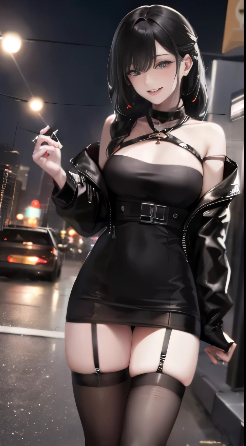 look at the camera,(((highest quality, 8k, masterpiece))), sharp focus, (beautiful woman with perfect figure), thin, (hairstyle: superior)), ((back alley at night)), street: 1.2 非常に詳細な顔と肌の質感詳細な目double eyelidランダムな姿勢, (smile), realistic face, double eyelid,smile,Summer festival , at sunset , beautiful teeth , thigh strap, wear a leather jacket、off shoulder sweater、Gray vertically ribbed sweater dress、Fishnet tights、garter belt、superior下黒のセクシー下着、thin underwear、inside the car、night scenery、
