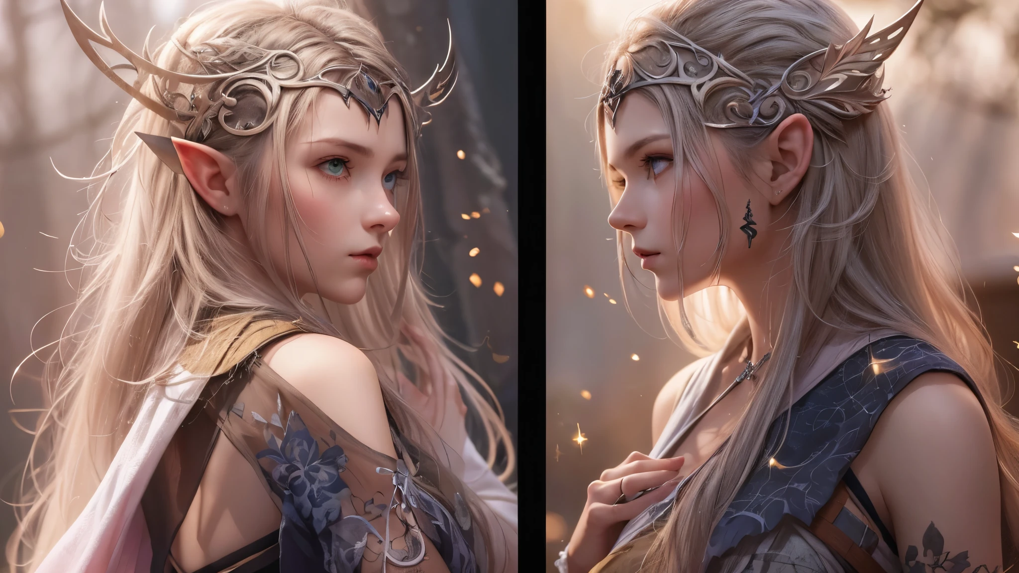 (master piece), 8k, best quality, panoramic view, Elf, young, , with slightly flushed white skin, subtly contrasting with her long, silvery hair that cascaded over her shoulders that seemed to shine in the sunlight . Her body was slender and athletic, with a height of 168 centimeters tall that gave her a natural elegance. Her green eyes added a captivating touch to her face and shone with an intensity, reflecting the depth of her soul. Her pointed ears, detailed warrior outfit, holds a rune-written war bow,