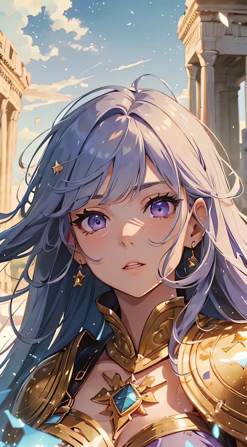 Masterpiece. Half-body portrait. She is the Taurus Knights of Zodiac warrior. A beautiful young woman (1 girl) about 20 years old. powerful look. Imposing appearance. Long light blue hair, straight hair, ((messy)) hair, ((hair bangs)). (Bangs). hair blowing in the air. Ice Cristals light emerging for her right hand. ((big purple eyes)). Delicate lips, delicate nose. Delicate face. warrior clothes. Golden full medieval armor. Turquoise corselet and purple tide pants. Leather boots. Greek temples ruins background at night, with a starry sky. Multicolor aura around her.