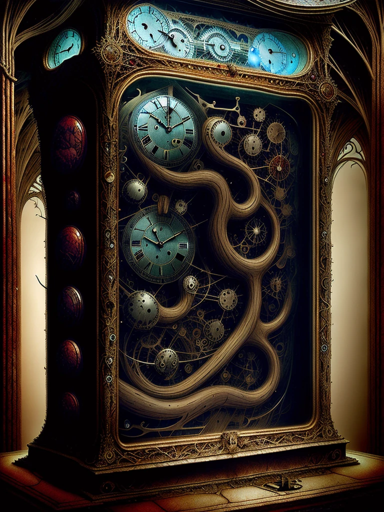 Time flows from a broken clock, drop by drop, surreal fantasy Daniel Merriam, H. R. Giger and Remedios Var artist style