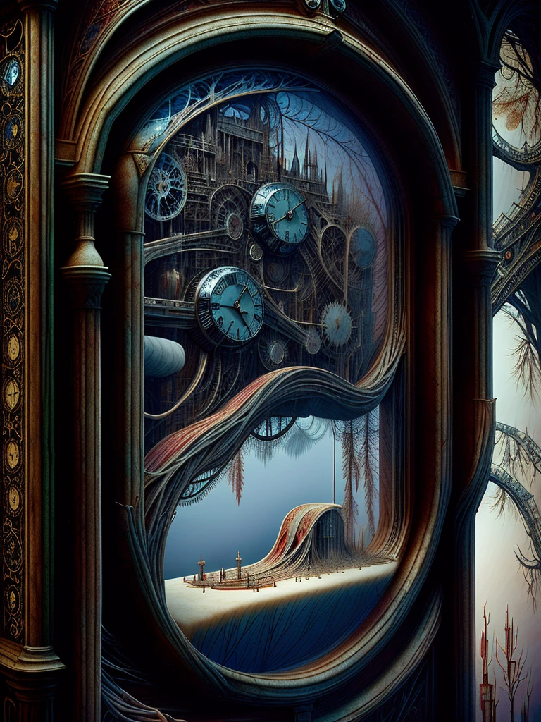 Time flows from a broken clock, drop by drop, surreal fantasy Daniel Merriam, H. R. Giger and Remedios Var artist style