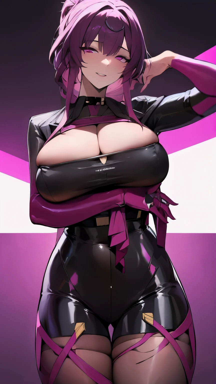 kafka, looking at the camera, smiling, sexy, big breasts, big thighs, latex outfit, tied up hair, cyberpunk background, night, better quality,