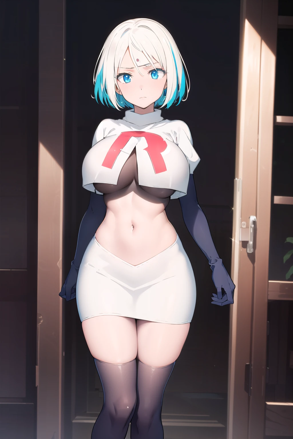 (day:1.7), sky background,a blue sky and clouds,
Green_short_hair,Blue_eyes,
1 girl, 20yo,mature female,Beautiful Finger,Beautiful long legs,Beautiful body,Beautiful Nose,Beautiful character design, perfect eyes, perfect face,
looking at viewer, (innocent_big_eyes:1.0),(expressionless:1.3), team rocket,team rocket uniform,white skirt,red letter R,crop top,black thigh-highs,black elbow gloves
NSFW,official art,extremely detailed CG unity 8k wallpaper, perfect lighting,Colorful, Bright_Front_face_Lighting,
(masterpiece:1.0),(best_quality:1.0), ultra high res,4K,ultra-detailed,
photography, 8K, HDR, highres, absurdres:1.2, Kodak portra 400, film grain, blurry background, bokeh:1.2, lens flare, (vibrant_color:1.2)
(Beautiful,large_Breasts:1.4), (beautiful_face:1.5),(narrow_waist),