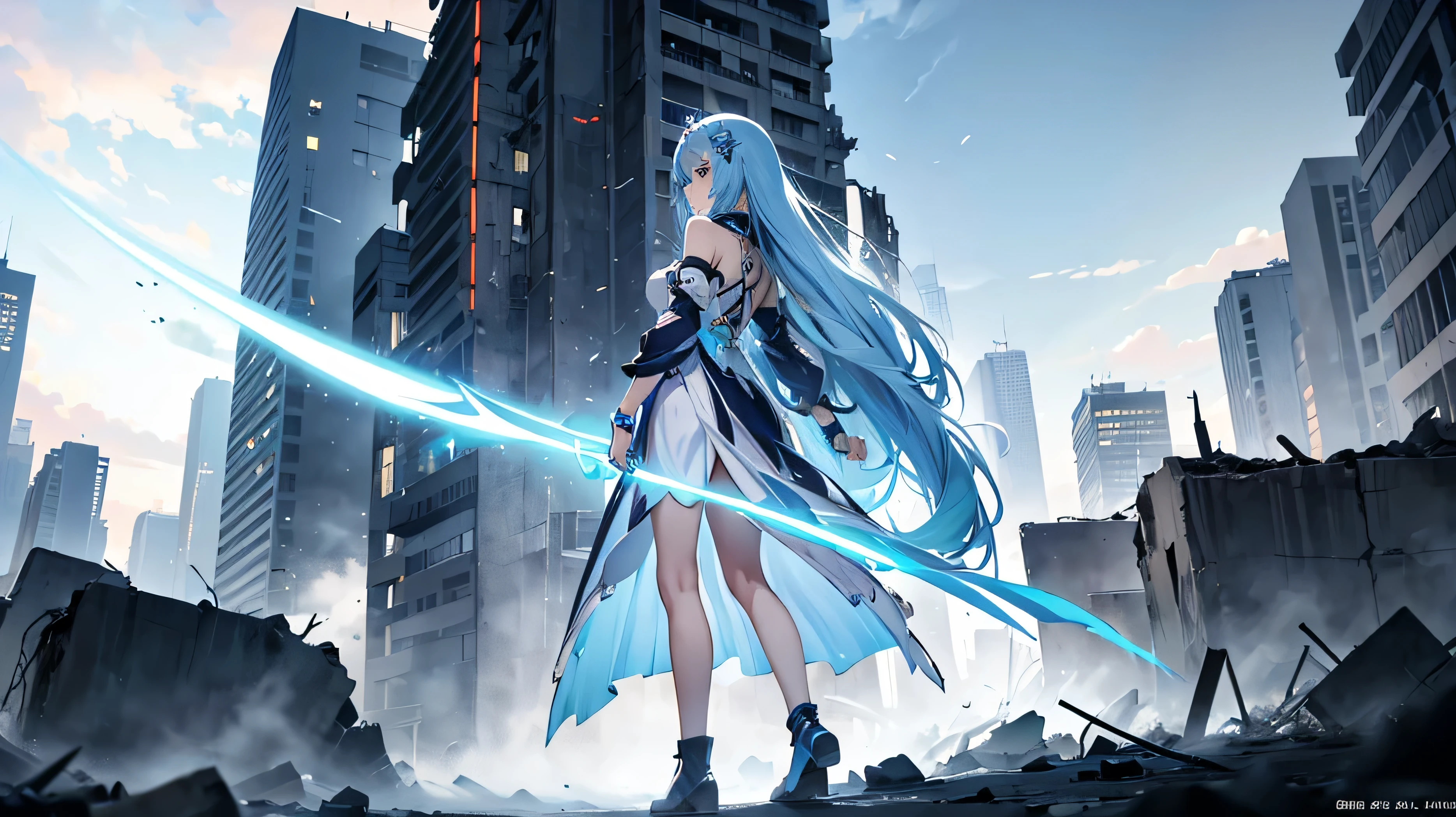 personaje de anime femenino que es una diosa de cabello azul muy claro y largo, on his back in a transparent light blue robe observing a destroyed city while flying