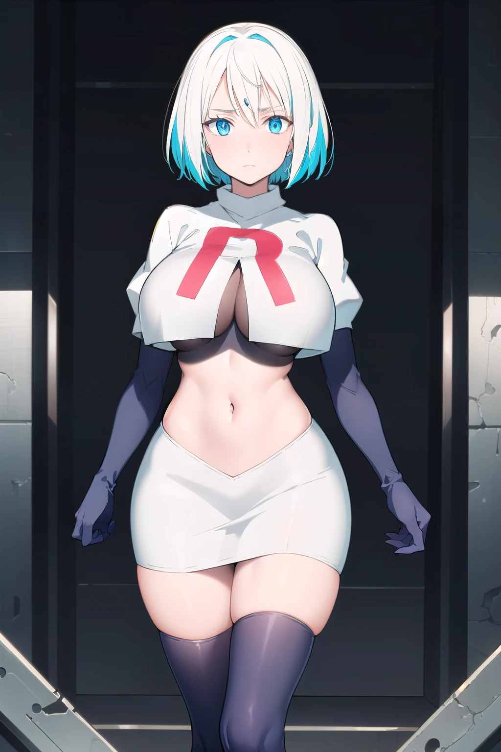 (day:1.7), sky background,a blue sky and clouds,
Green_short_hair,Blue_eyes,
1 girl, 20yo,mature female,Beautiful Finger,Beautiful long legs,Beautiful body,Beautiful Nose,Beautiful character design, perfect eyes, perfect face,
looking at viewer, (innocent_big_eyes:1.0),(expressionless:1.3), team rocket,team rocket uniform,white skirt,red letter R,crop top,black thigh-highs,black elbow gloves
NSFW,official art,extremely detailed CG unity 8k wallpaper, perfect lighting,Colorful, Bright_Front_face_Lighting,
(masterpiece:1.0),(best_quality:1.0), ultra high res,4K,ultra-detailed,
photography, 8K, HDR, highres, absurdres:1.2, Kodak portra 400, film grain, blurry background, bokeh:1.2, lens flare, (vibrant_color:1.2)
(Beautiful,large_Breasts:1.4), (beautiful_face:1.5),(narrow_waist),