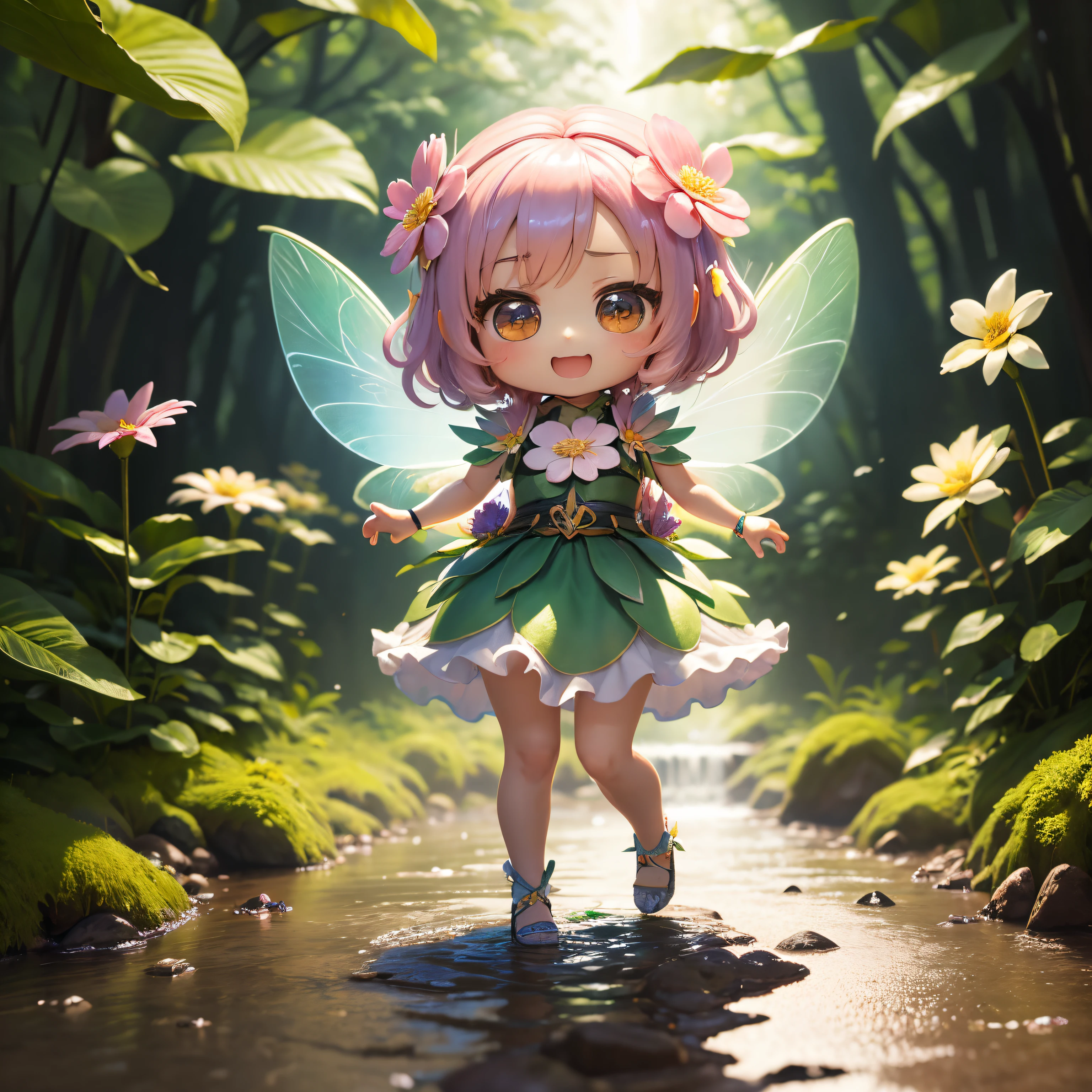 Meisterwerk、top quality、ultra-detailliert、(Chibi-Figur Blumenfee:1.3)、Blumen, die vom transparenten Giritere-Waldwasserfall gebildet werden々、Blitz、Open your mouth and smile、Full body standing figure、Jump kick