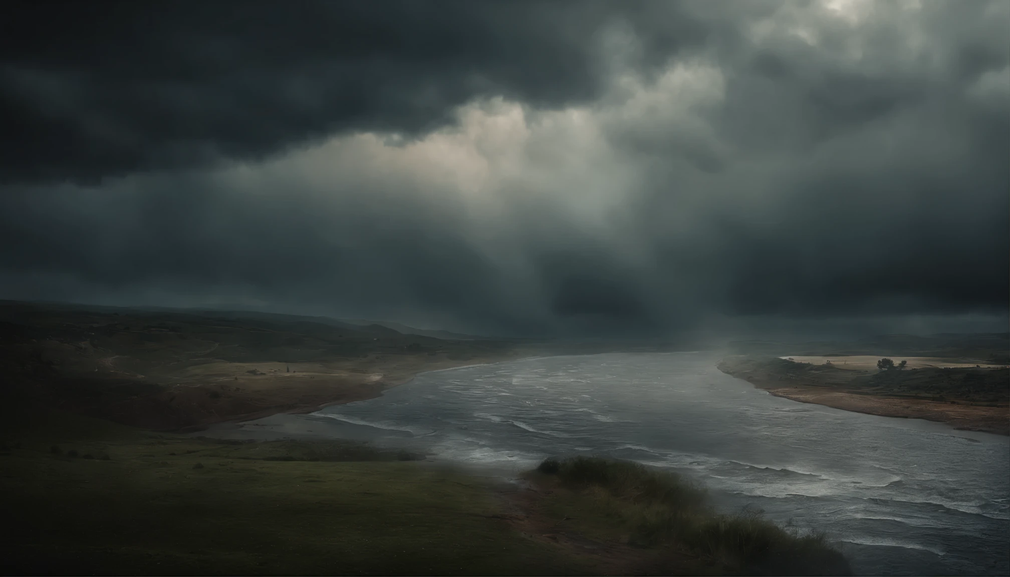 (best quality, high resolution, ultra-detailed: 1.2), a dramatic scene, divine lighting, realistic texture, Flood: 1.1, biblical, sinners, heavy rain, torrential rain, stormy sky, dark clouds, flood waters, raindrops, inspiring, majestic, dazzling, vivid colors, cataclysmic event, sinister atmosphere, faithful devotion, waters swallowing the earth, water swallowing tents and many people being swept into the sea, Ancient Earth.
