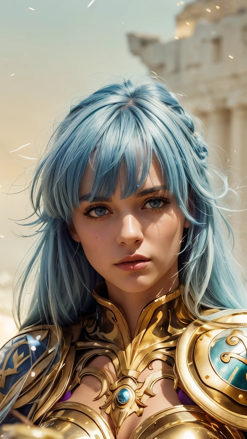 Masterpiece. Half-body portrait. She is the Taurus Knights of Zodiac warrior. A beautiful young woman (1 girl) about 20 years old. powerful look. Imposing appearance. Long light blue hair, straight hair, ((messy)) hair, ((hair bangs)). (Bangs). hair blowing in the air. Ice Cristals light emerging for her right hand. ((big purple eyes)). Delicate lips, delicate nose. Delicate face. warrior clothes. Golden full medieval armor. Turquoise corselet and purple tide pants. Leather boots. Greek temples ruins background at night, with a starry sky. Multicolor aura around her.